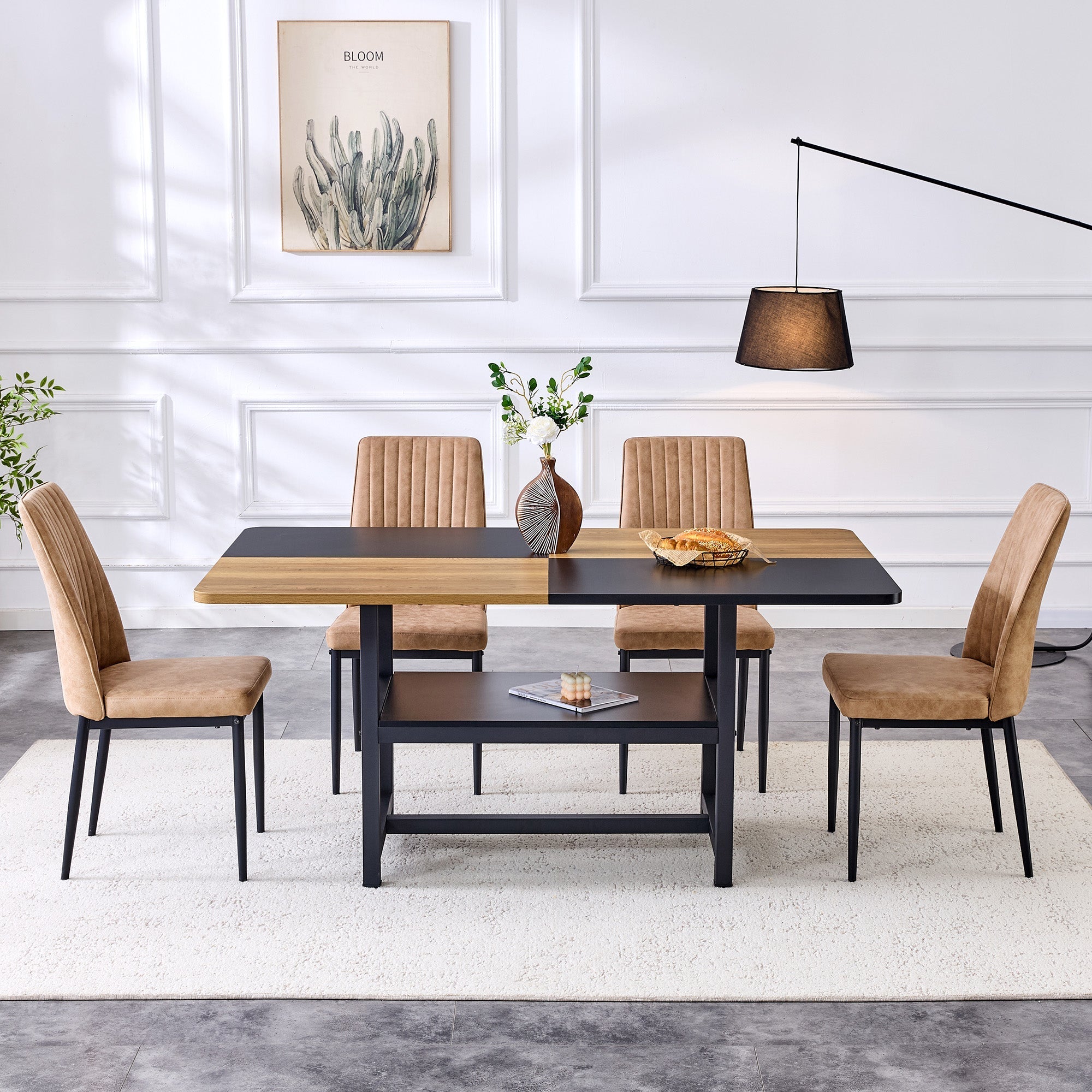 Dining Set Minimalist Glass Table Ø85cm 4 High-Tech Fabric Chairs - Brown
