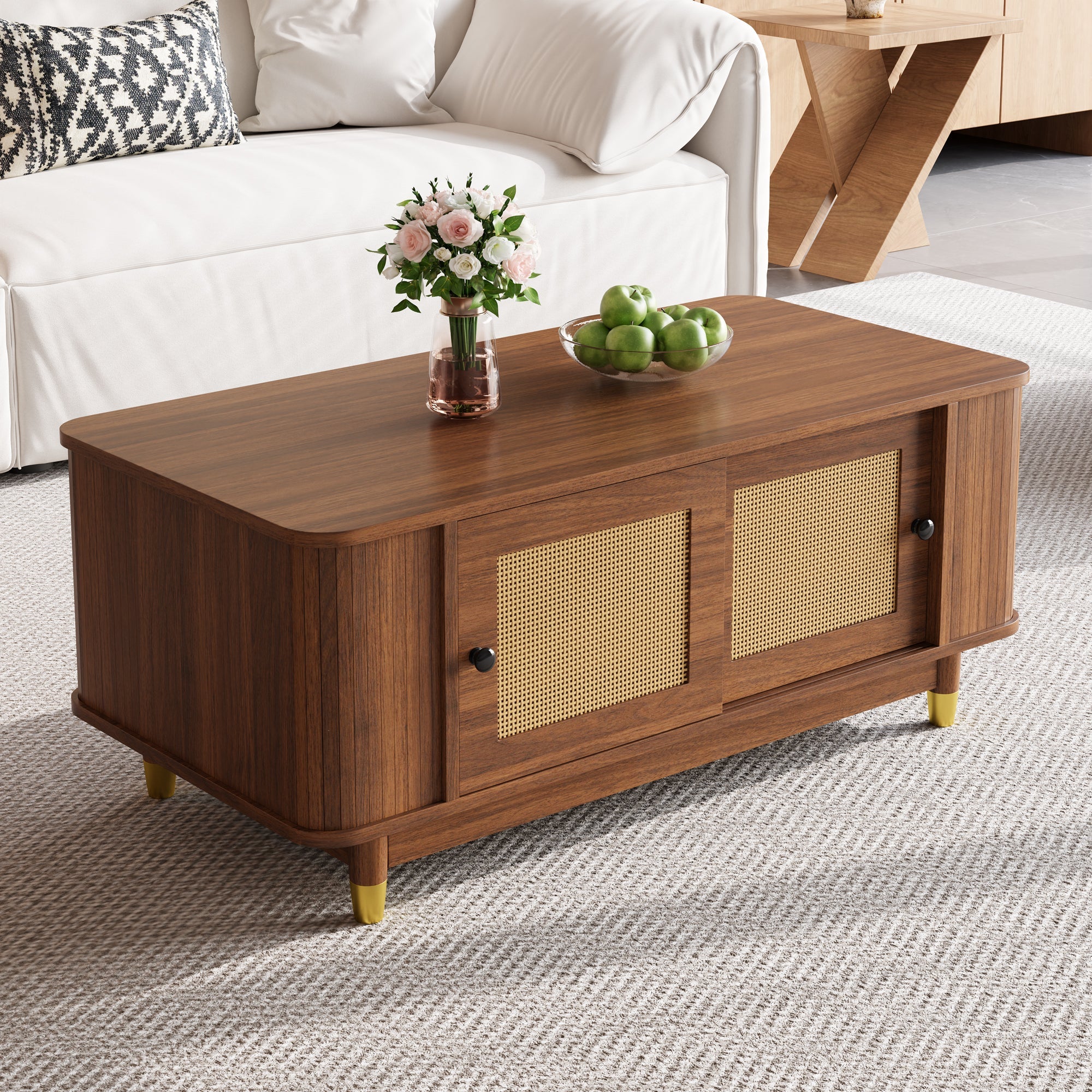 Coffee Table with Rattan Sliding Doors and Rounded Corners, Modern Wood Look MDF