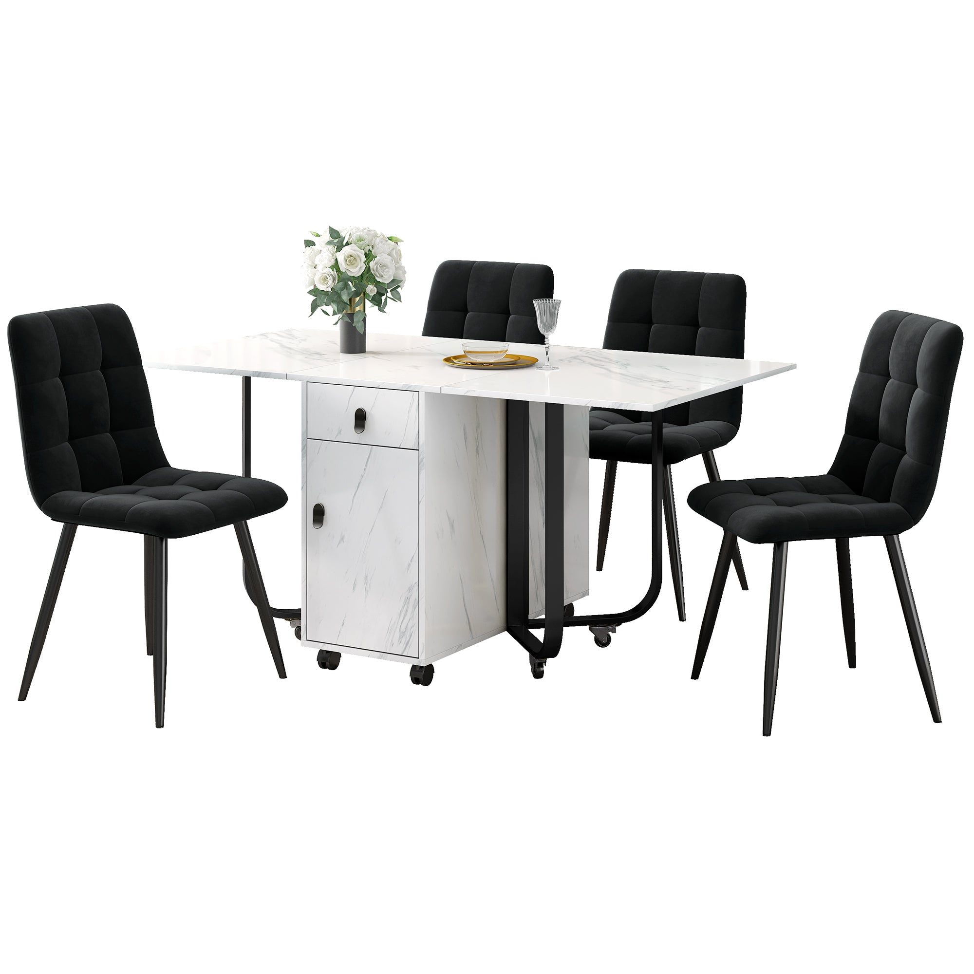 5-Piece Folding Dining Set 150x80cm Velvet Chairs White MDF/Black