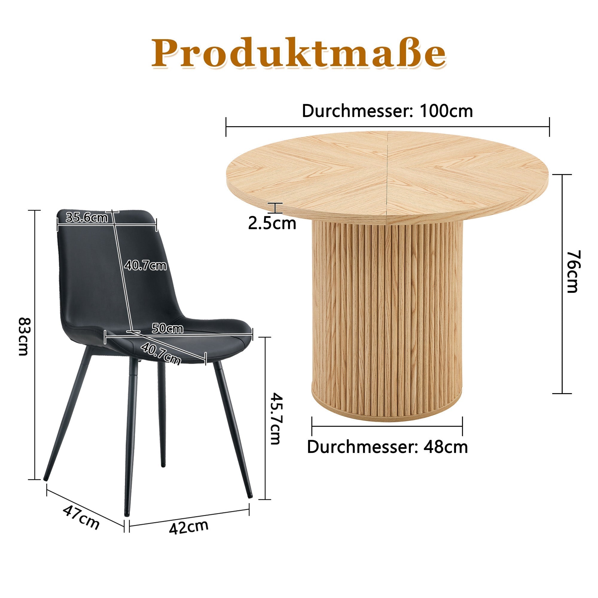 Round Dining Set 100cm MDF Table 4 Chairs - Light Wood Look/Black Faux Leather