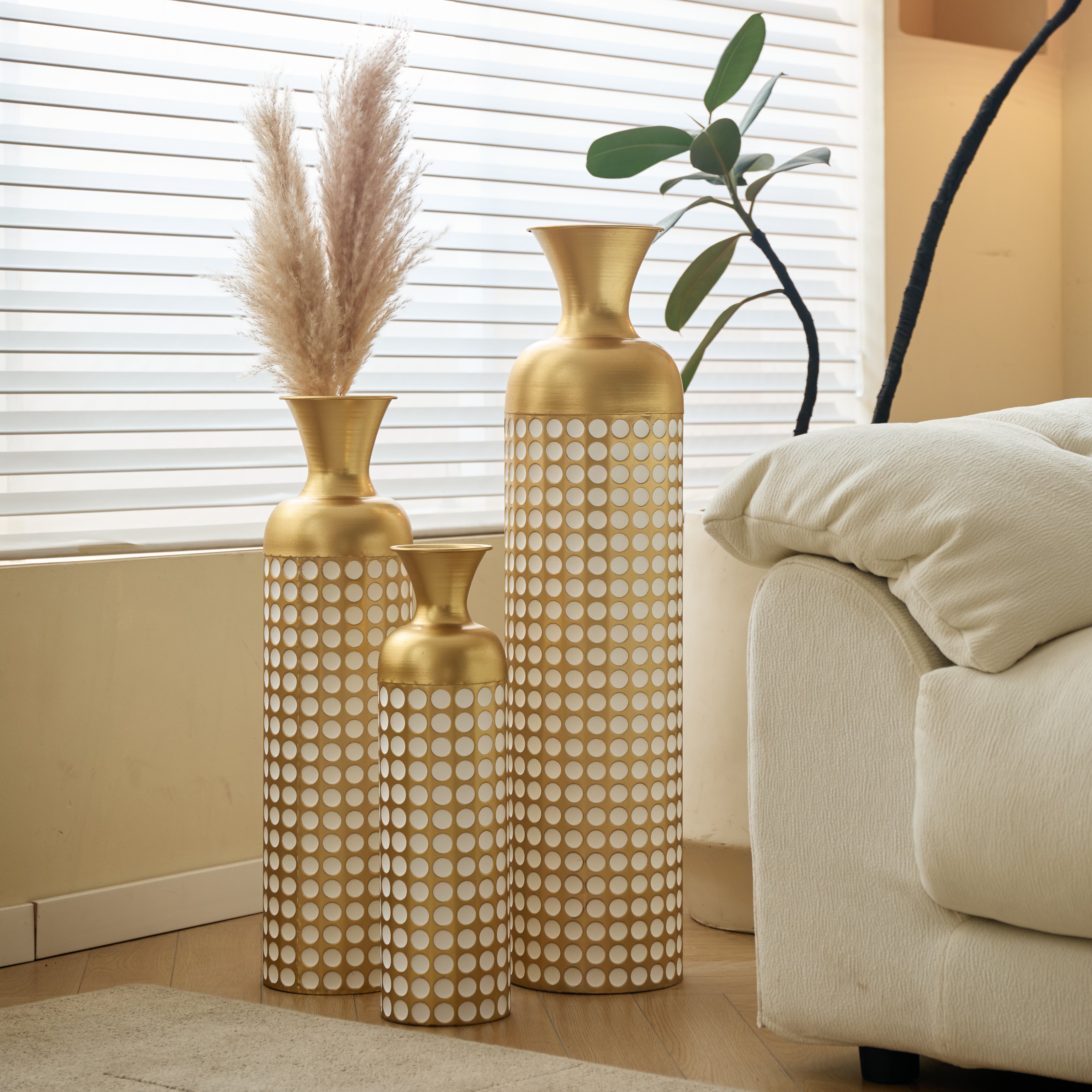 Floor Vase Set, 3 High Retro Vases 83/65/50cm, Decorative Metal Antique Gold
