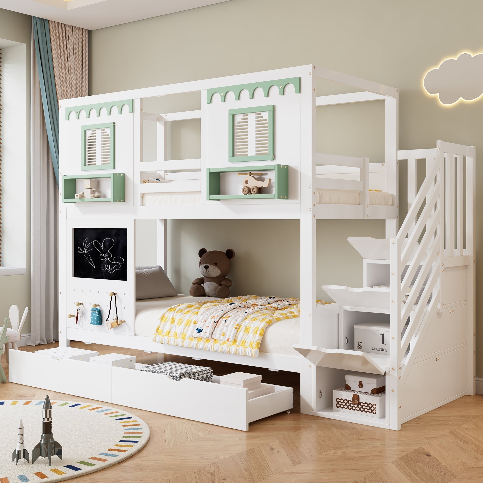 Bunk Bed 90x200cm Pegboard with Hooks 2 Drawers & Stair Storage Cabinet White + Green Pine
