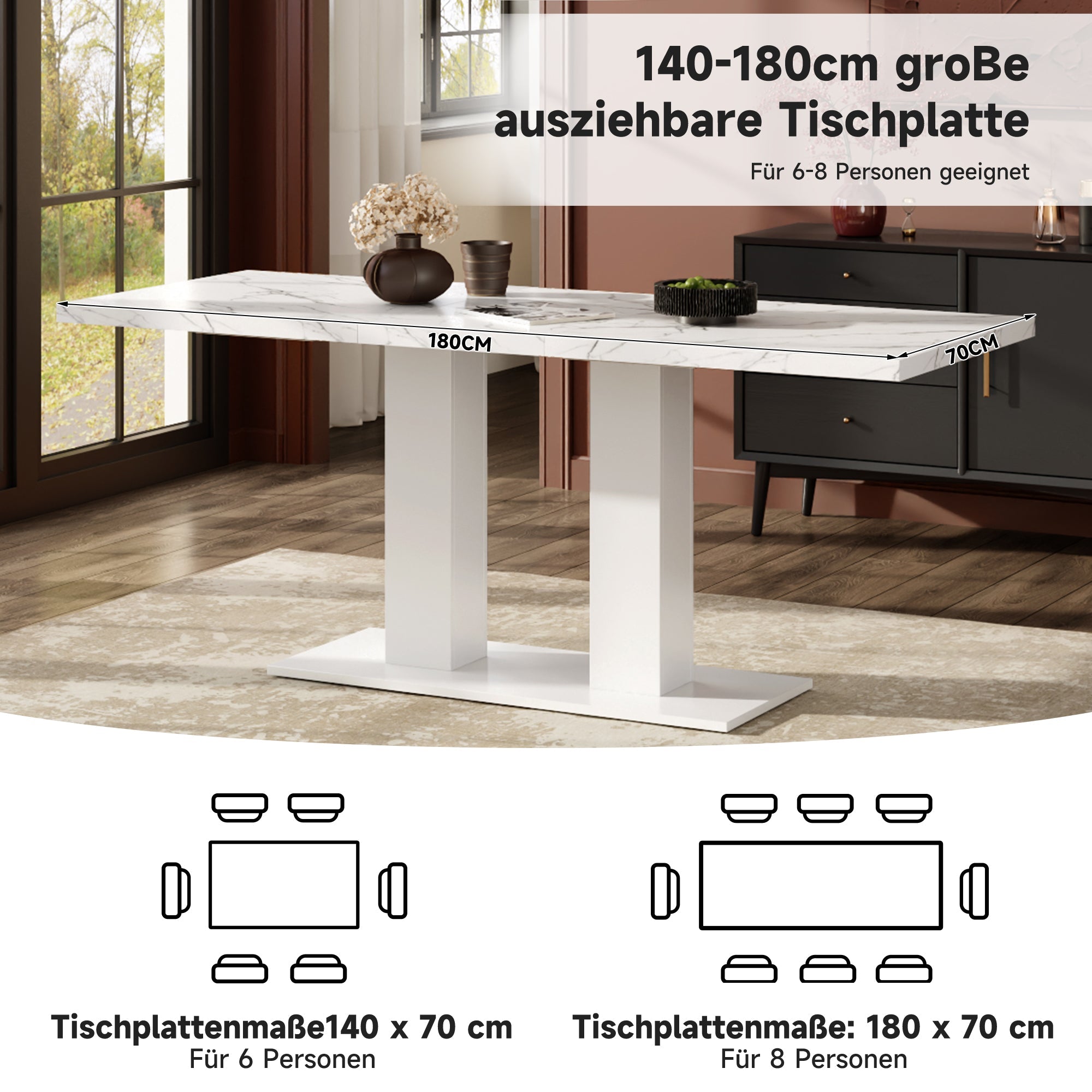 Extendable Dining Table, 140/180x70cm for 6-8 People, Rectangular Thickened Tabletop, White