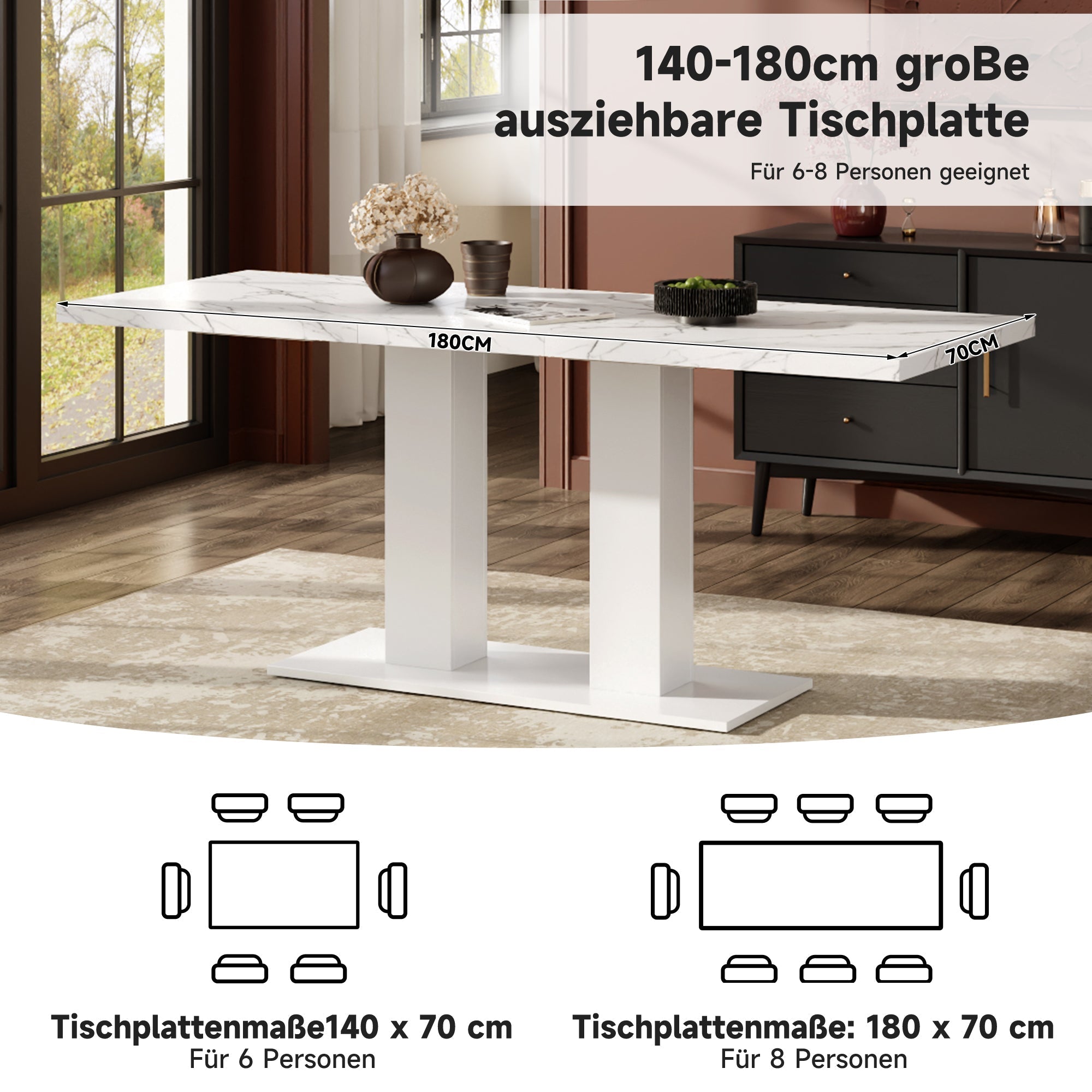 Extendable Dining Table, 140/180x70cm for 6-8 People, Rectangular Thickened Tabletop, White