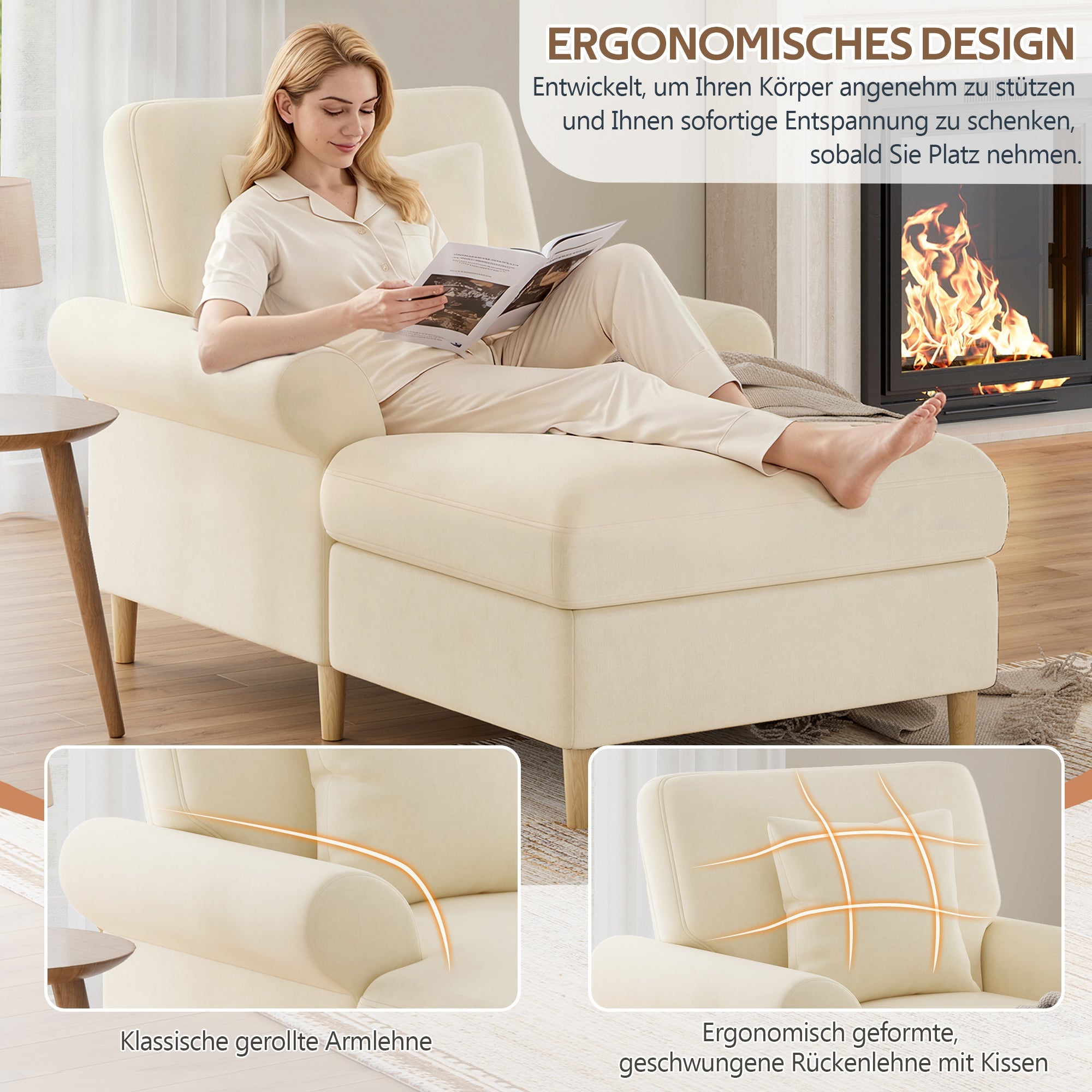 Upholstered Recliner, Folding Sleeper Chair, XXL Reading Lounge Chair, Velvet Beige