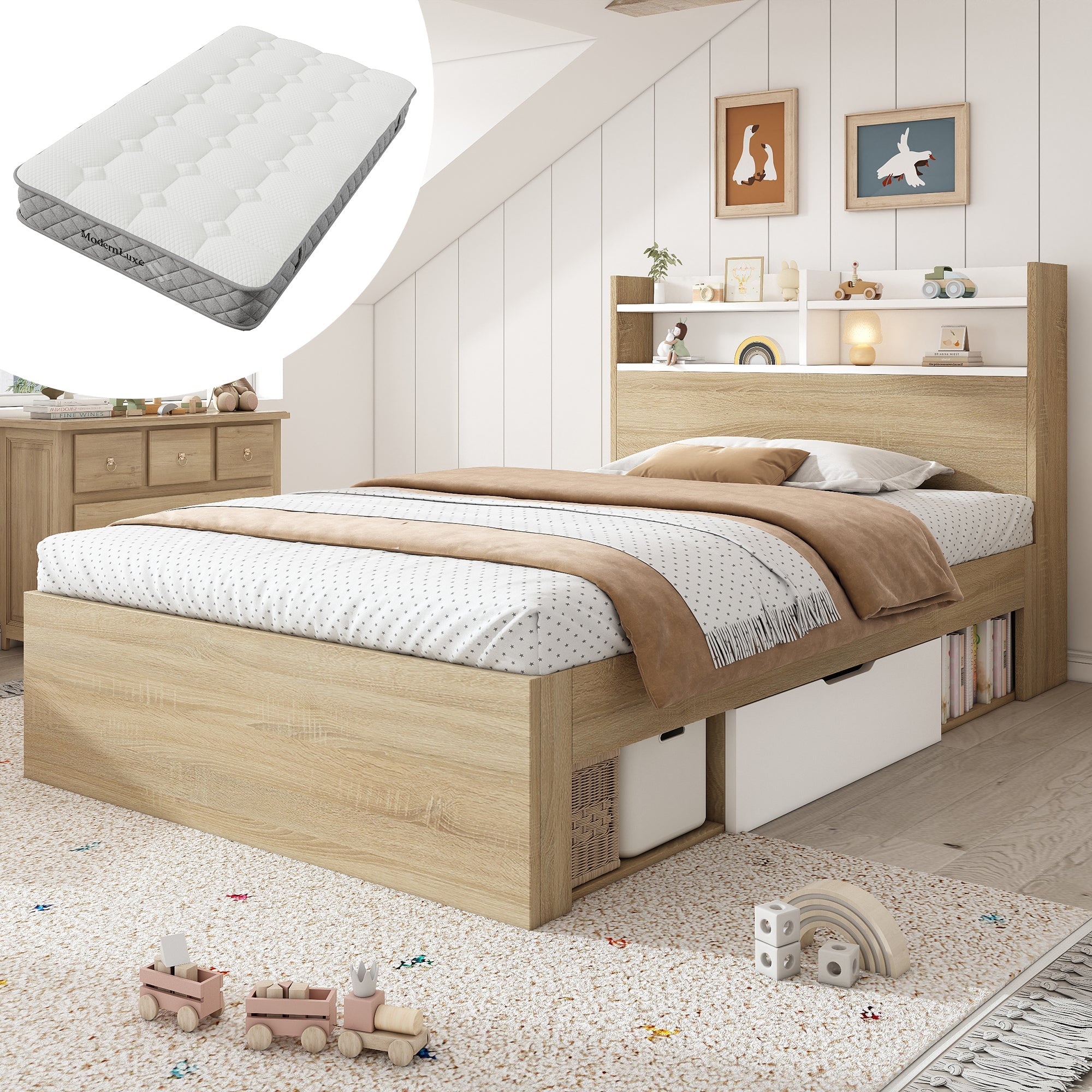 Wooden Single Bed with Headboard Shelf, 2 Drawers and Mattress, 90x200cm, White and Oak Solid Wood