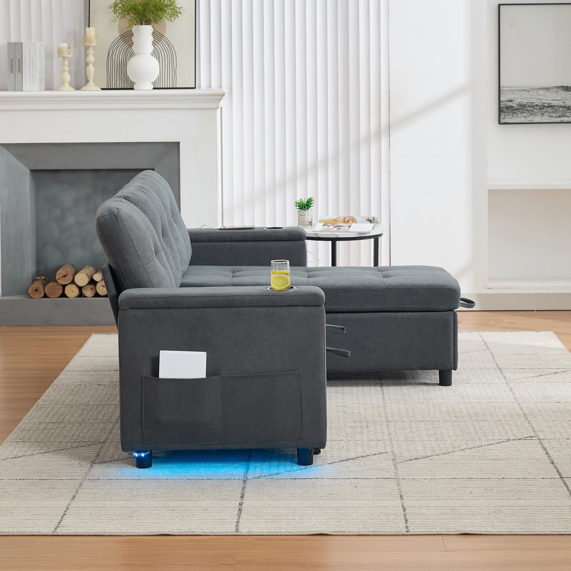 Treviso L-Shaped Sofa Bed with LED Lighting and Storage, Grey