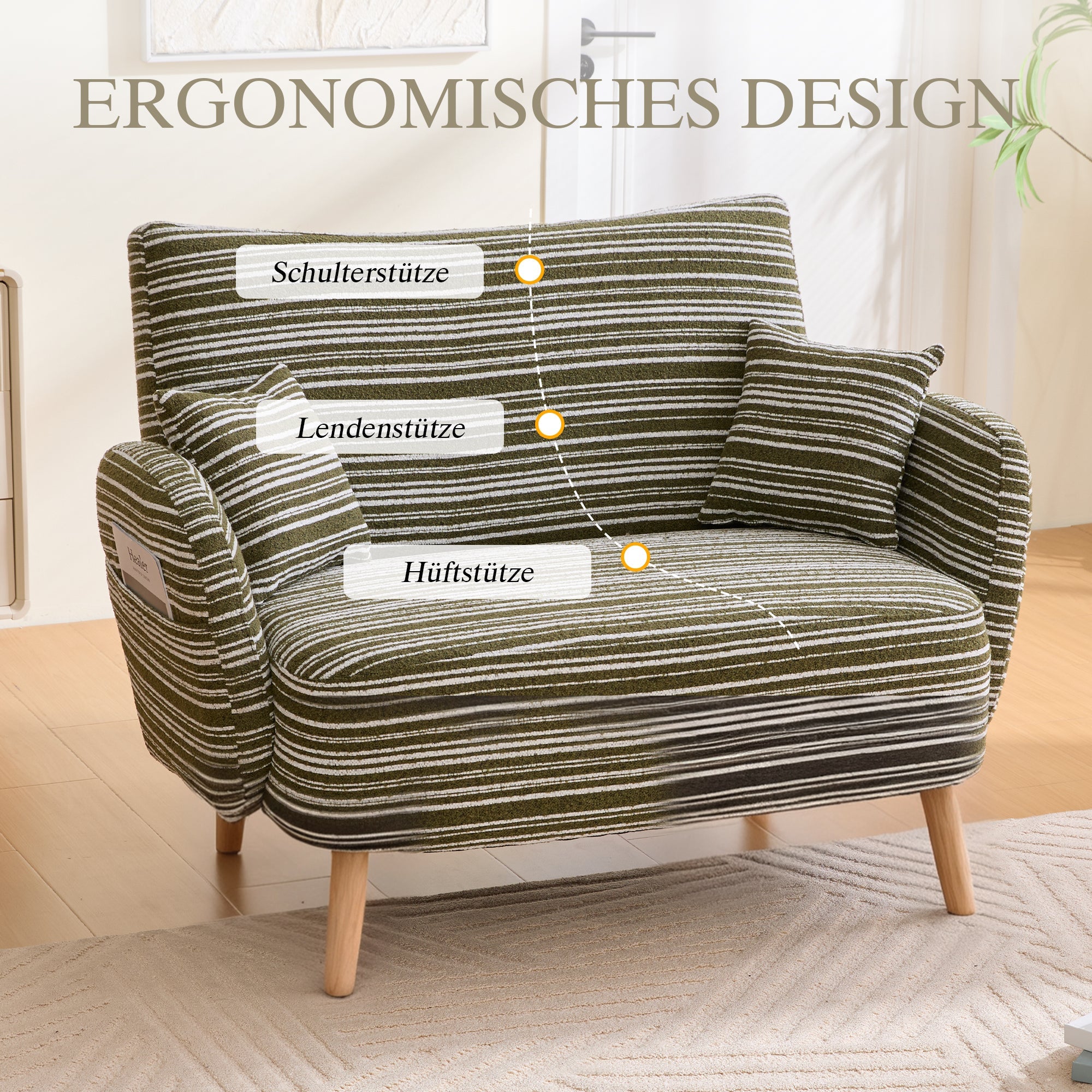 Modern Two-Seater Sofa with Comfortable Armrests and Storage Bag, Loop Fabric