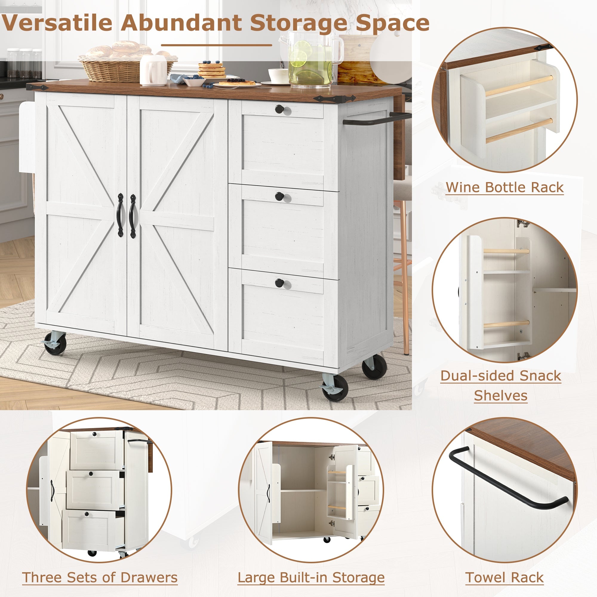 Kitchen Island Serving Trolley Extendable Worktop Storage Cabinet 2 Doors 3 Drawers, Wood Grain Finish