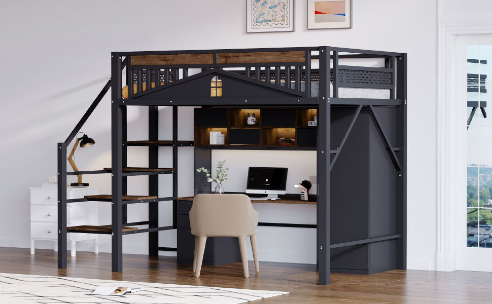 Loft Metal Bed 140x200 cm with Security Steps and Wood Accents, Black or White