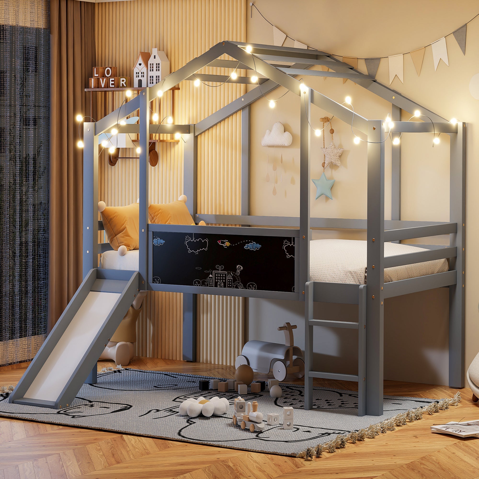 Children's Loft Bed 90x200cm, Slide, Ladder & Graffiti Board, Solid Wood Grey