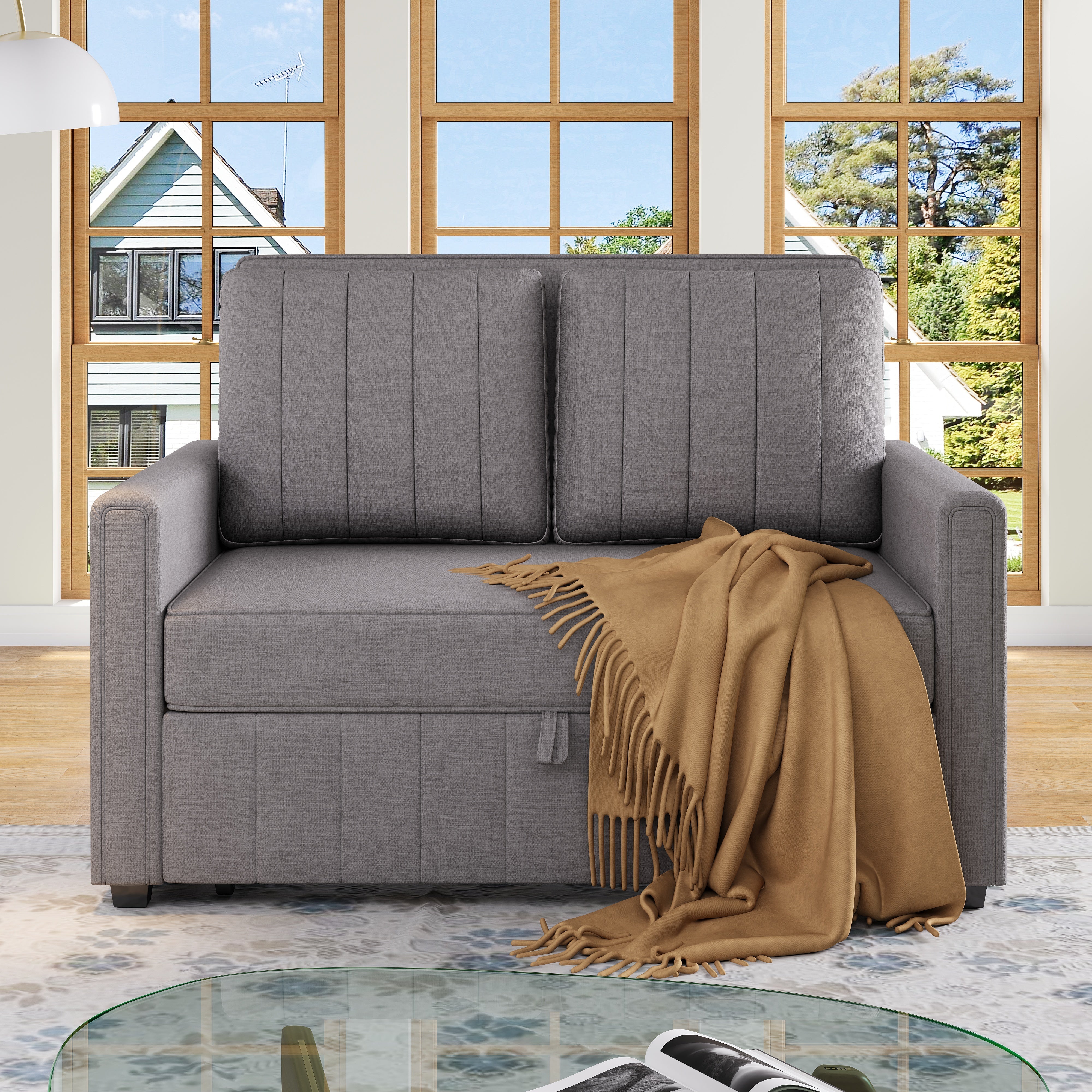 Multifunctional Folding Sofa Bed, Adjustable Backrest 180 x 127 cm, Dark Gray Linen Fabric