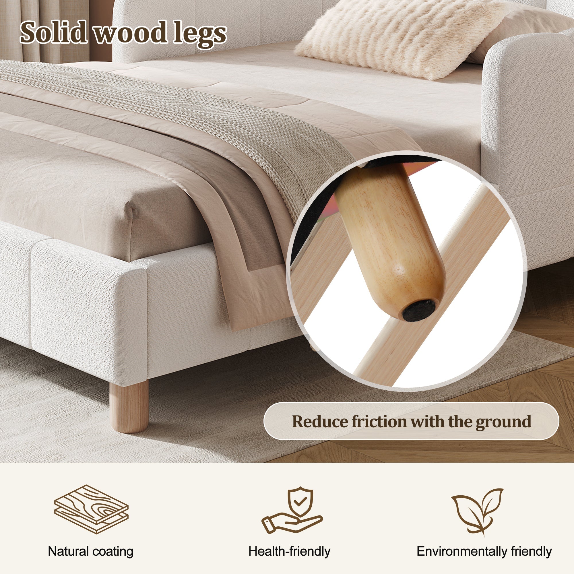 Upholstered Children's Bed, 90x200cm Single Bed with Safety Rail and Solid Wood Legs, Beige Bouclé
