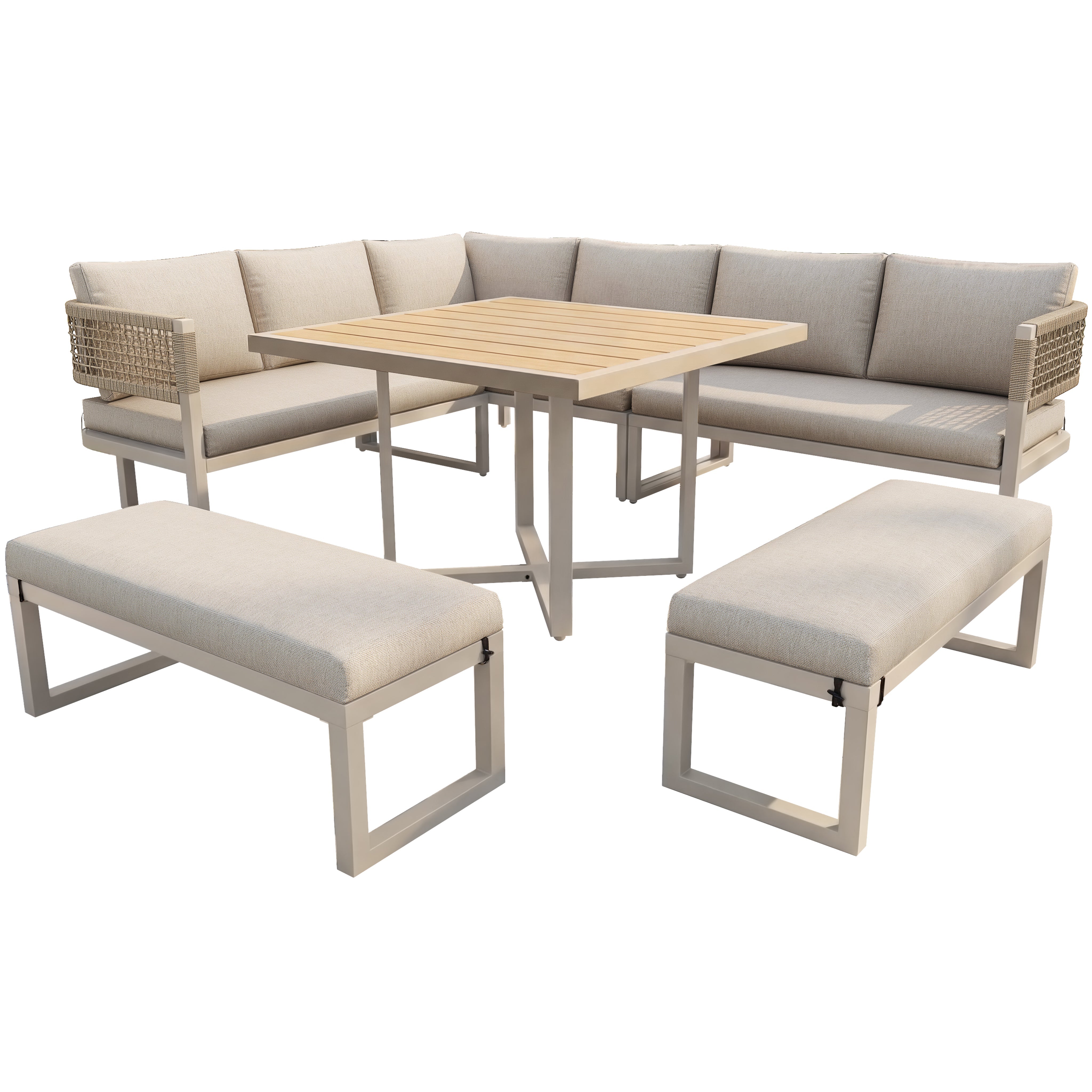 Garden Lounge Set for 8-10 People with Large Dining Table and Cushions, Plastic Wood and Ropework