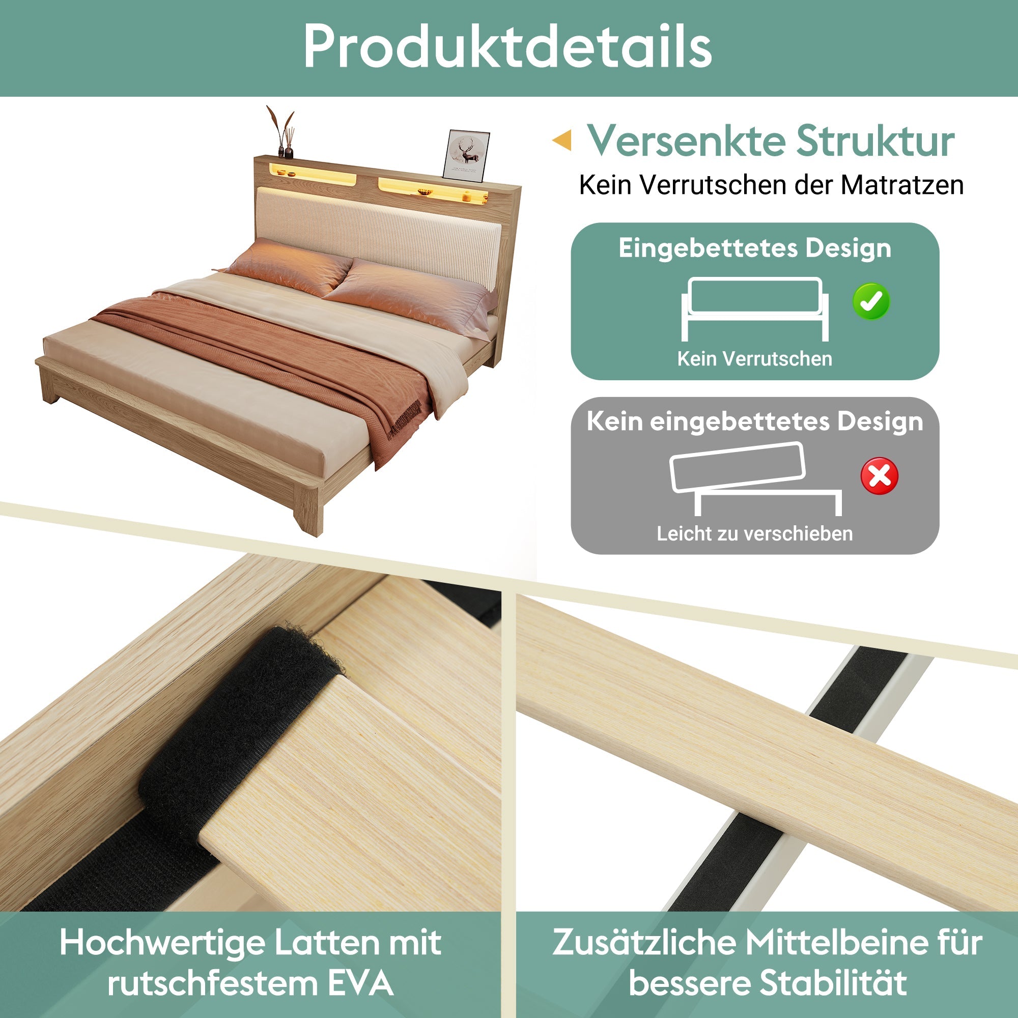 Double Wooden Bed, 160x200cm LED Headboard with Storage, Light Oak