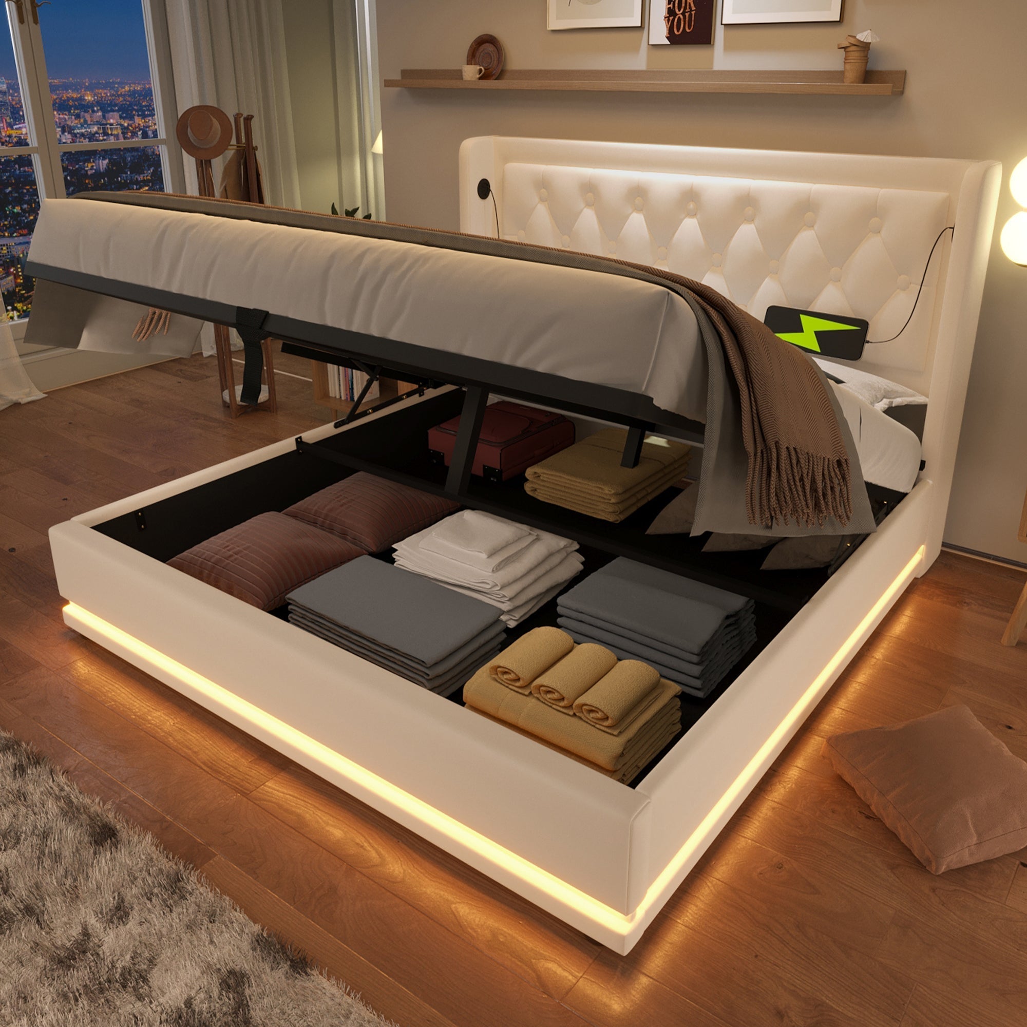 Upholstered Double Bed, 140*200cm Hydraulic Storage with LED & USB, White PU