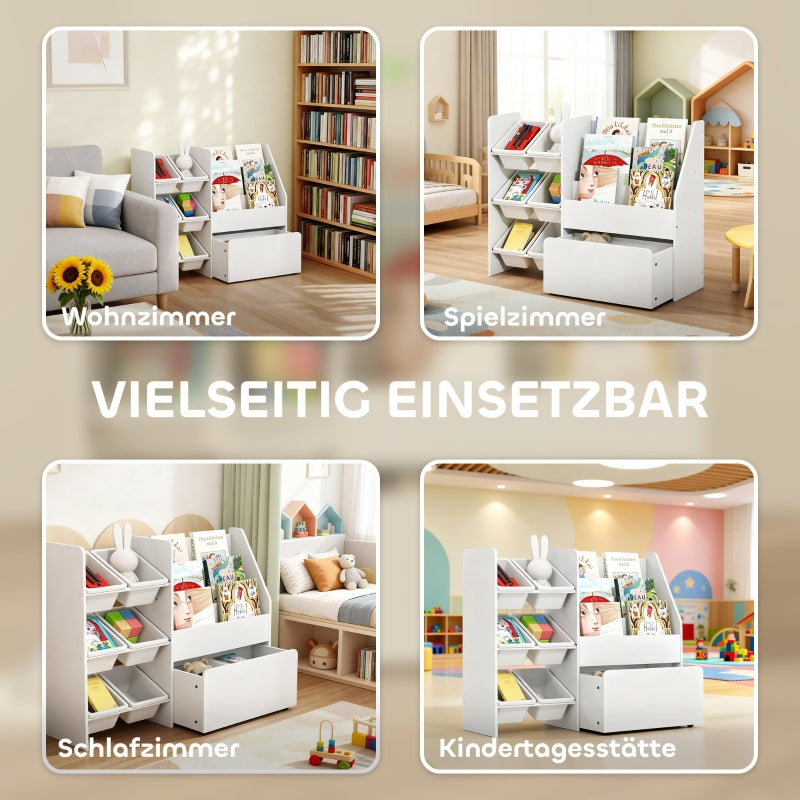 Children's Toy Shelf, 6 Containers Book Display Rolling Box 100x30x80cm, MDF Steel White