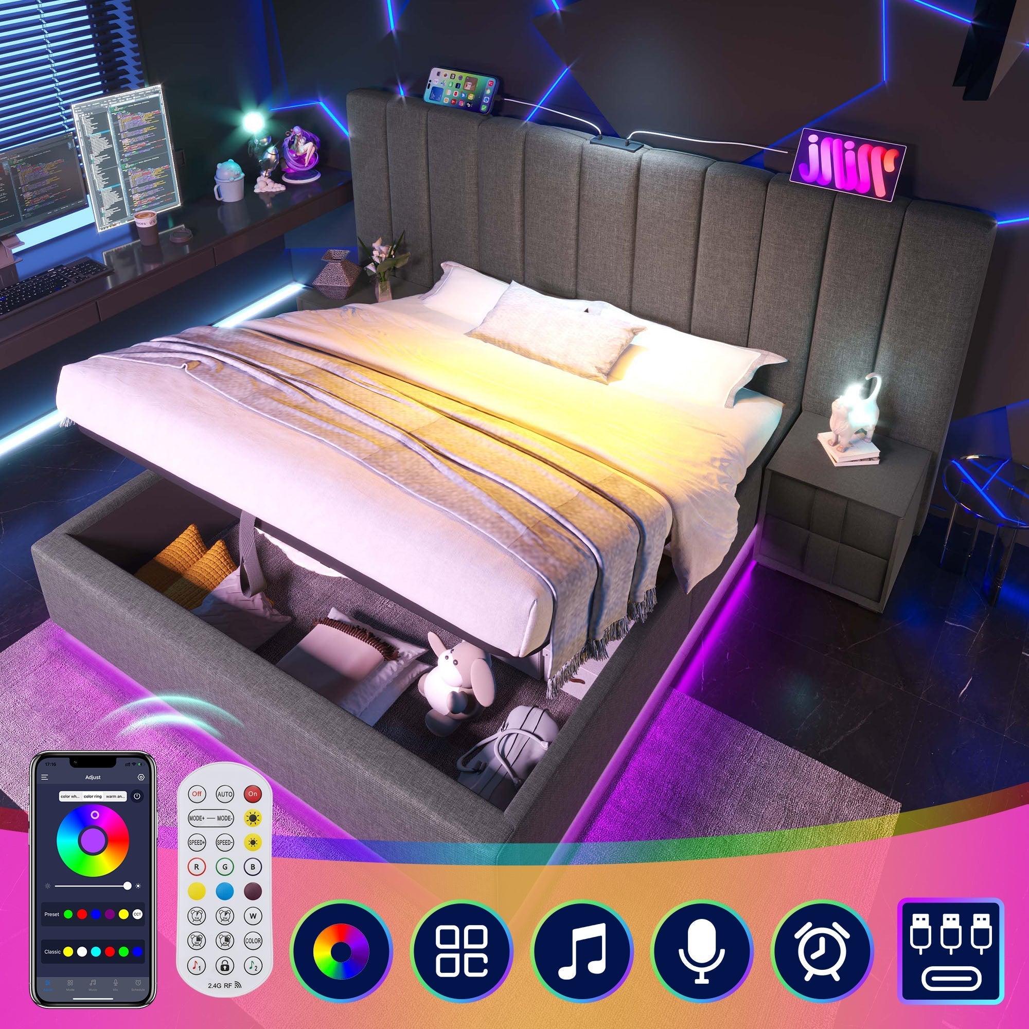 Upholstered Bed 160x200, Double Storage with App Control LED & USB-C, Grey Linen