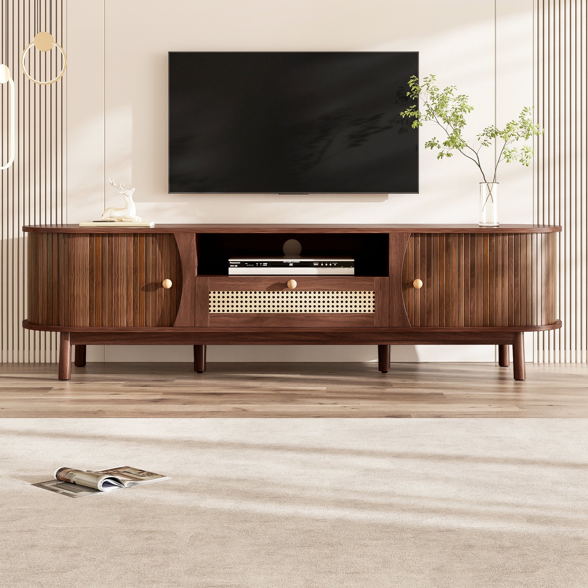 TV Cabinet with Doors and Drawers, Low Storage Solution, Rattan/Solid Wood