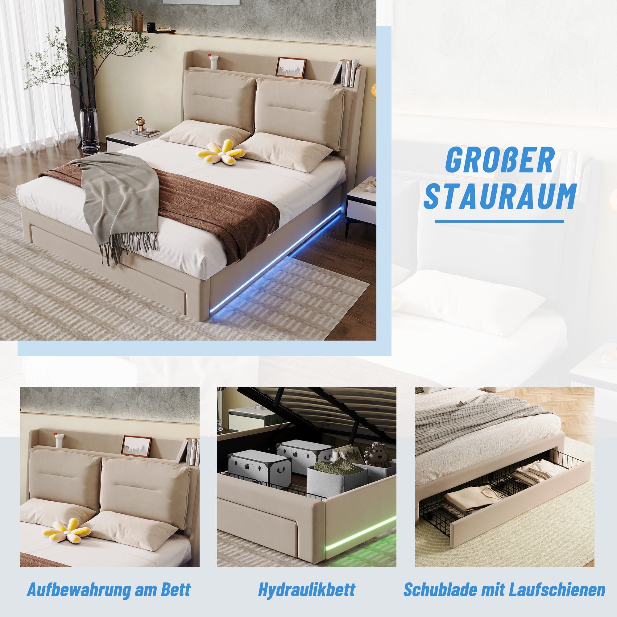 Upholstered Bed 180x200 Hydraulic Storage Drawers LED Light - Velvet Beige