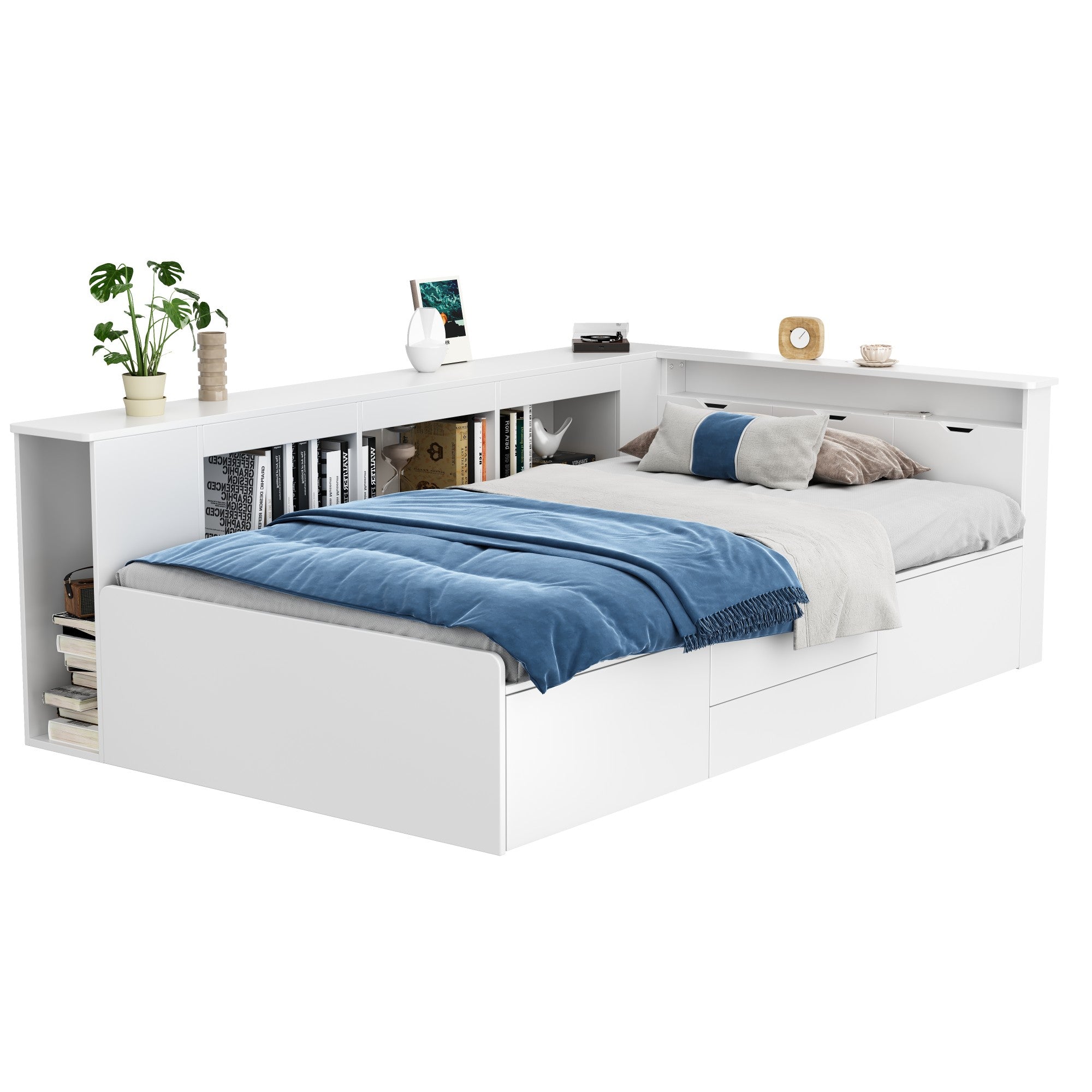 Children's Bed, Single 3ft Multifunctional with Drawers, Bookcase, and Storage - White