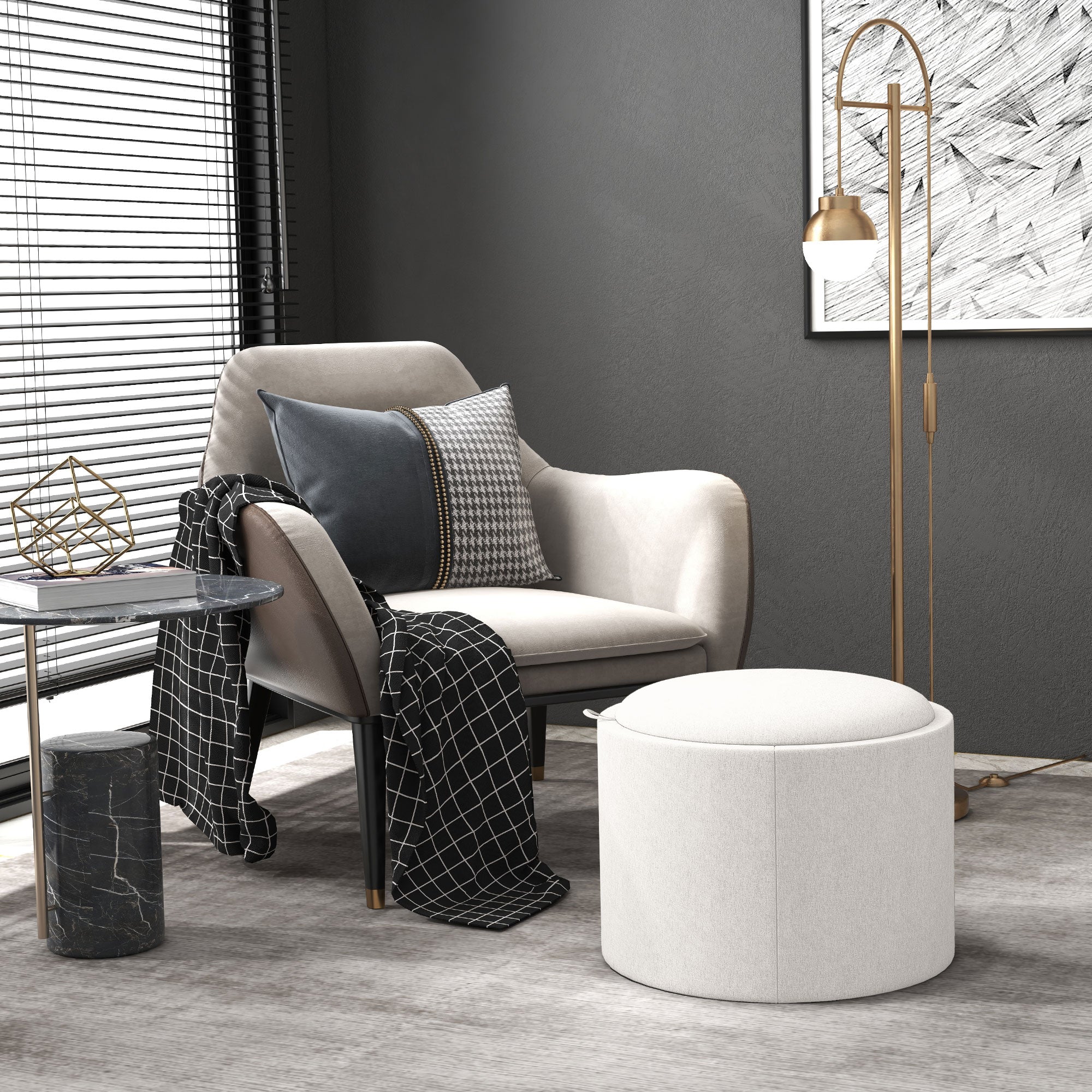 Ottoman Round Stool with Storage & Folding Lid, Cream Linen Look