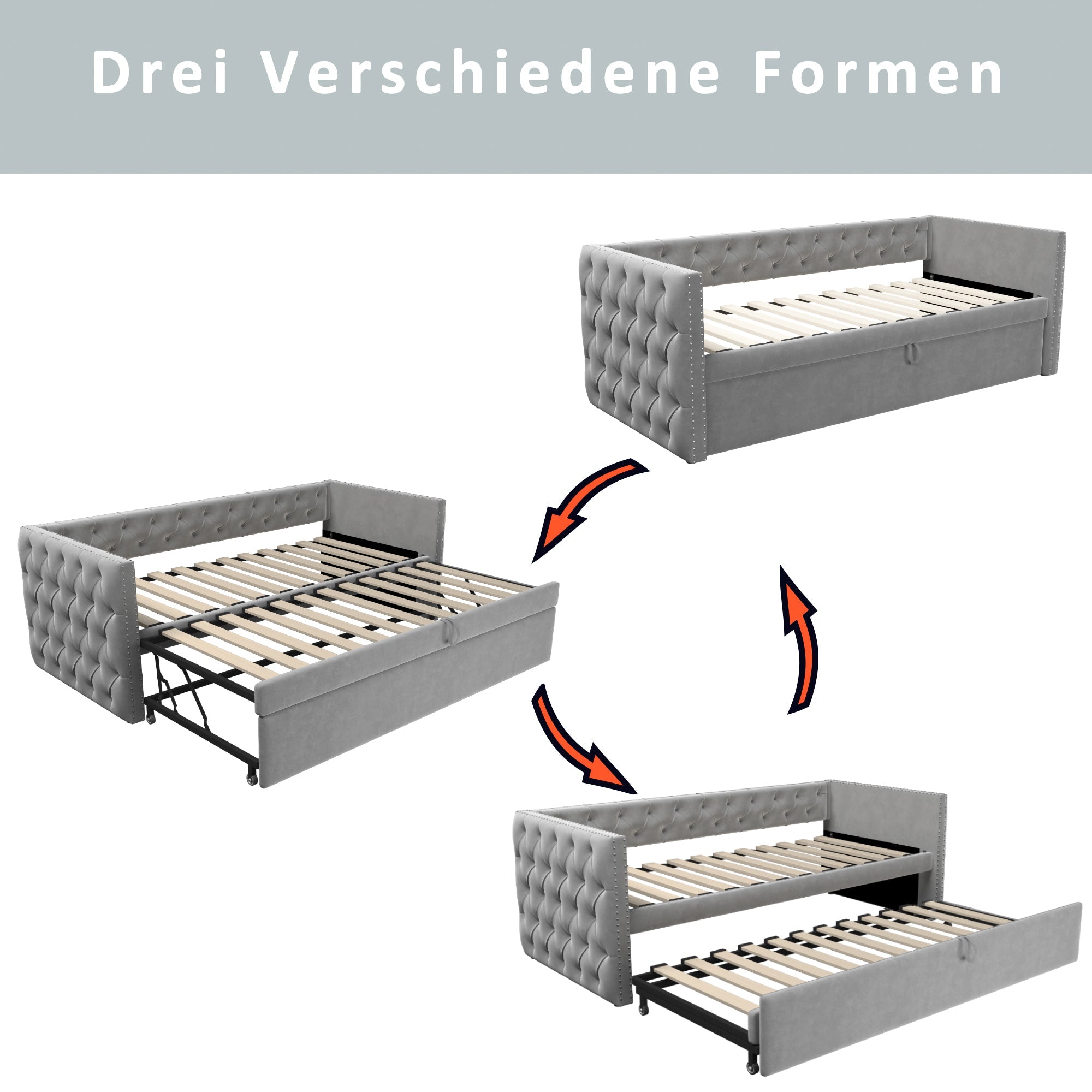 Extendable Sofa Bed with Slatted Base and Guest Bed Function, 90x200cm, Light Grey Velvet