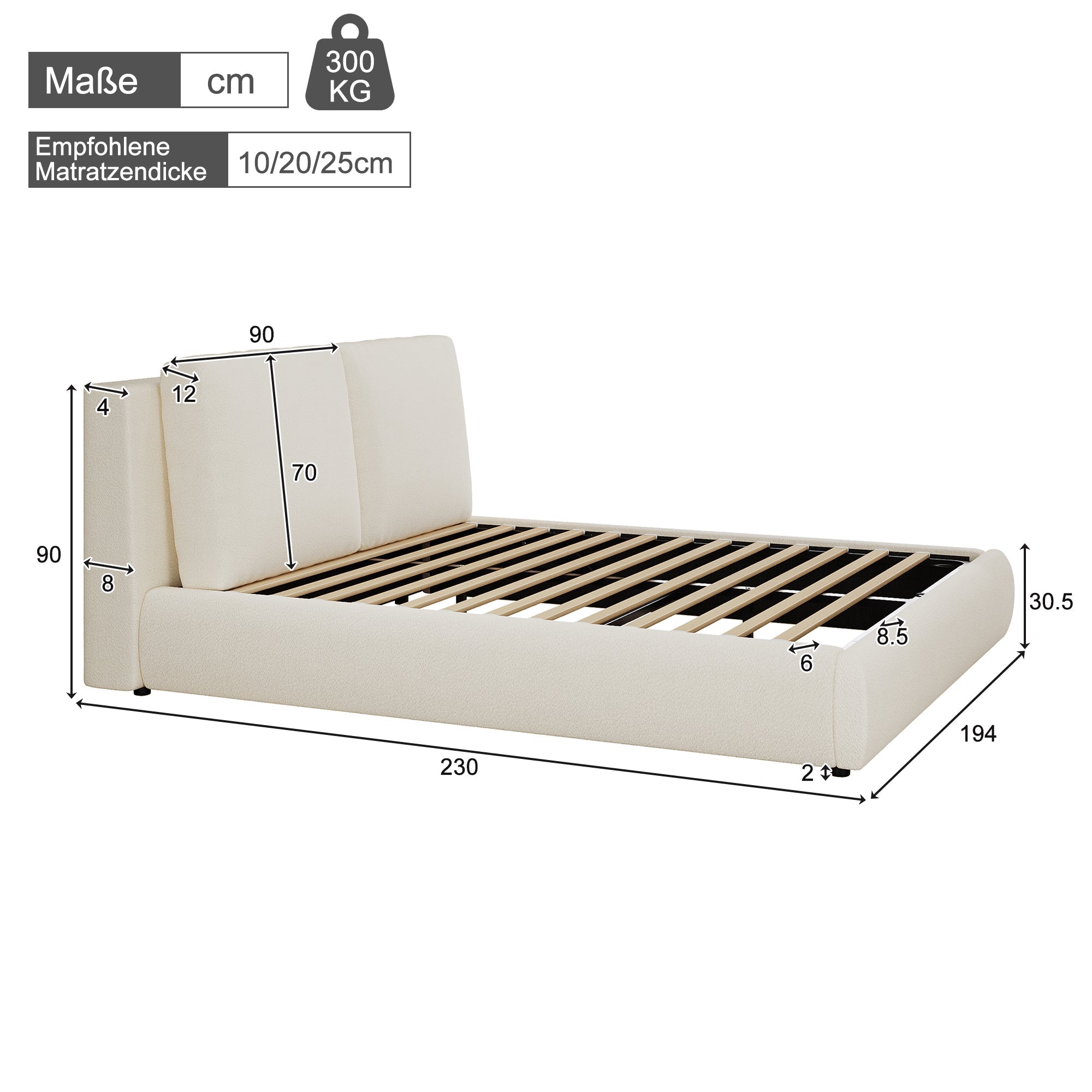 Upholstered Bed, Double 180x200cm, Hydraulic, Storage, Slatted Base, Beige Bouclé