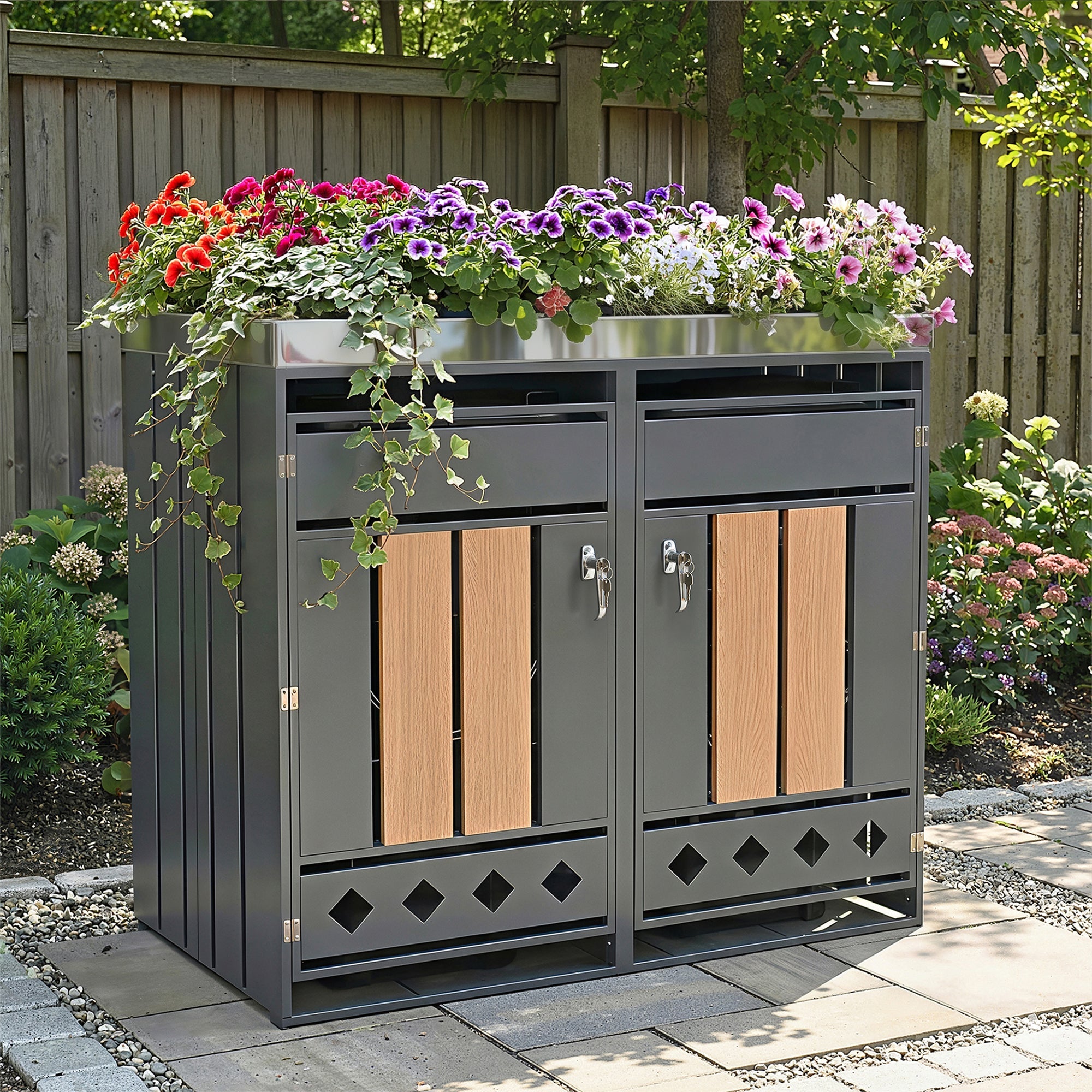Bin Storage Unit with Planting Area, Lockable Two Doors and Hollow Base, Wood Grain Wood