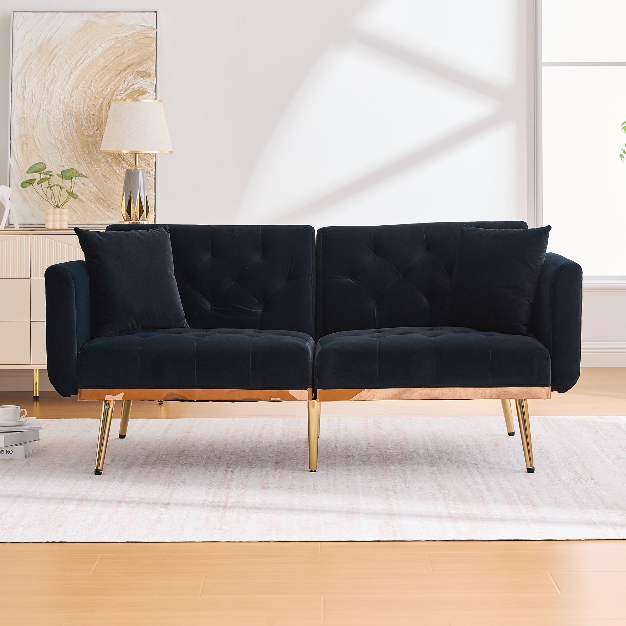 Loveseat, 2-Seater Sofa Bed with Adjustable Backrest, Black Velvet