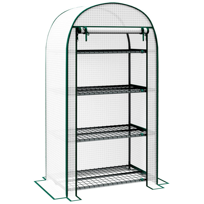 4 Tier Mini Greenhouse, Portable with Storage Shelf and Roll-Up Zipped Door, White