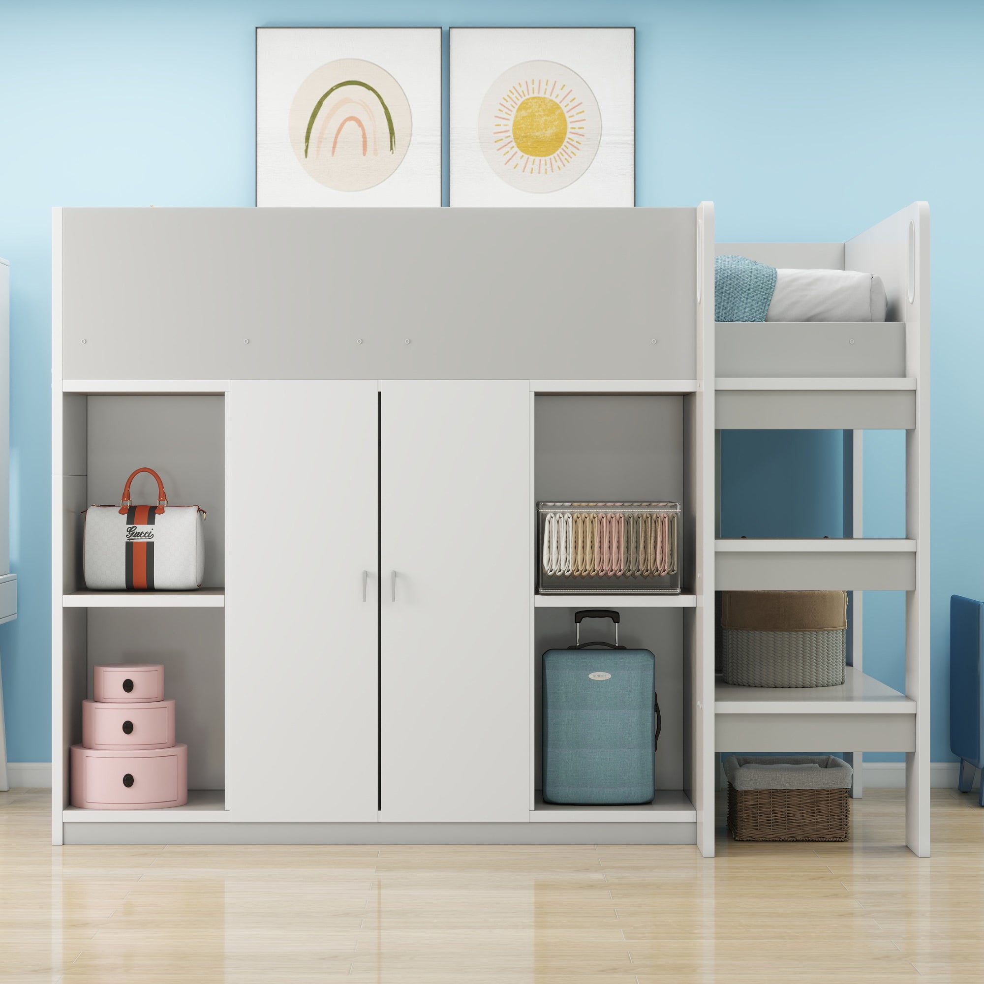 Loft Bed 90*200, Multifunctional with Storage, Wardrobe, Shelves, Ladder, Gray