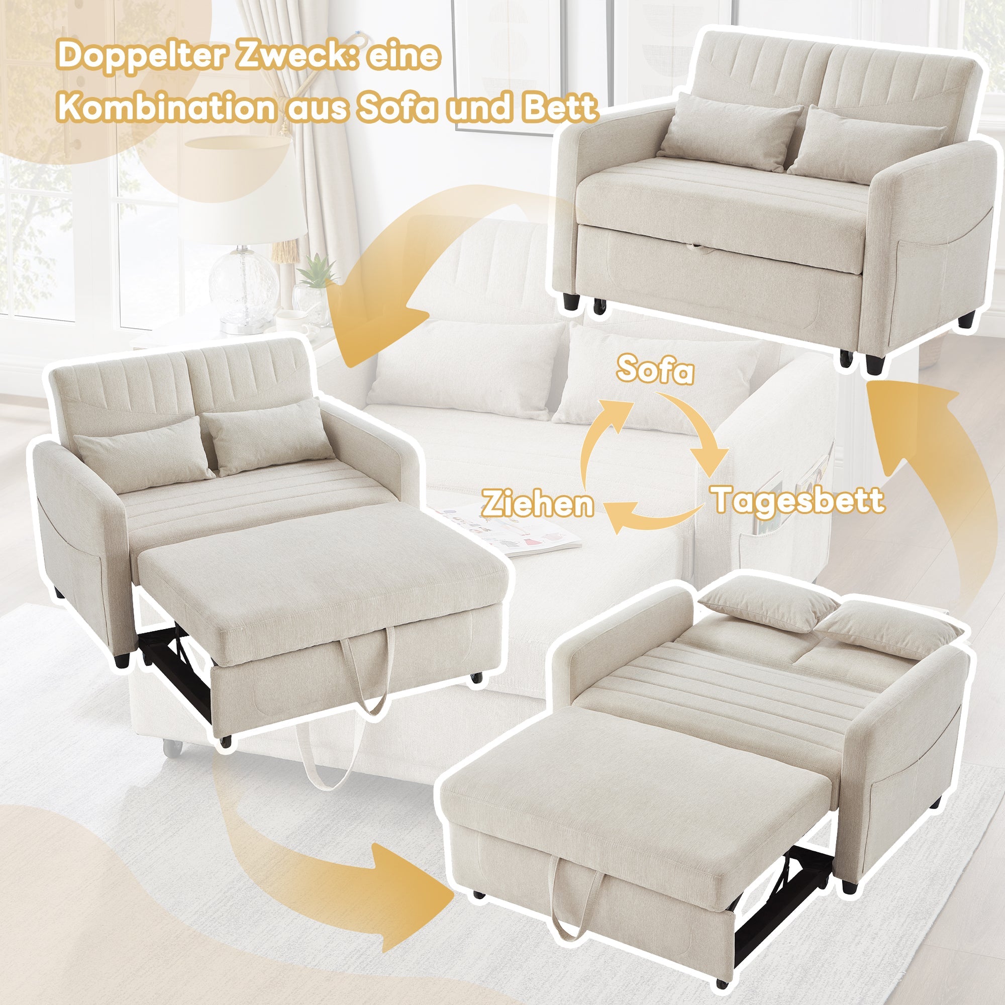 Sofa Bed, Two-seater Folding Extendable with Adjustable Backrest, Cotton Linen Fabric
