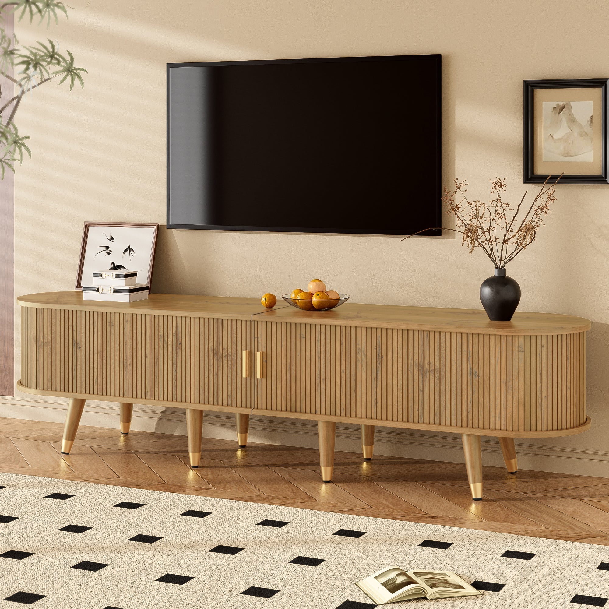 TV Cabinet Sliding Doors Media Console Wood Grain