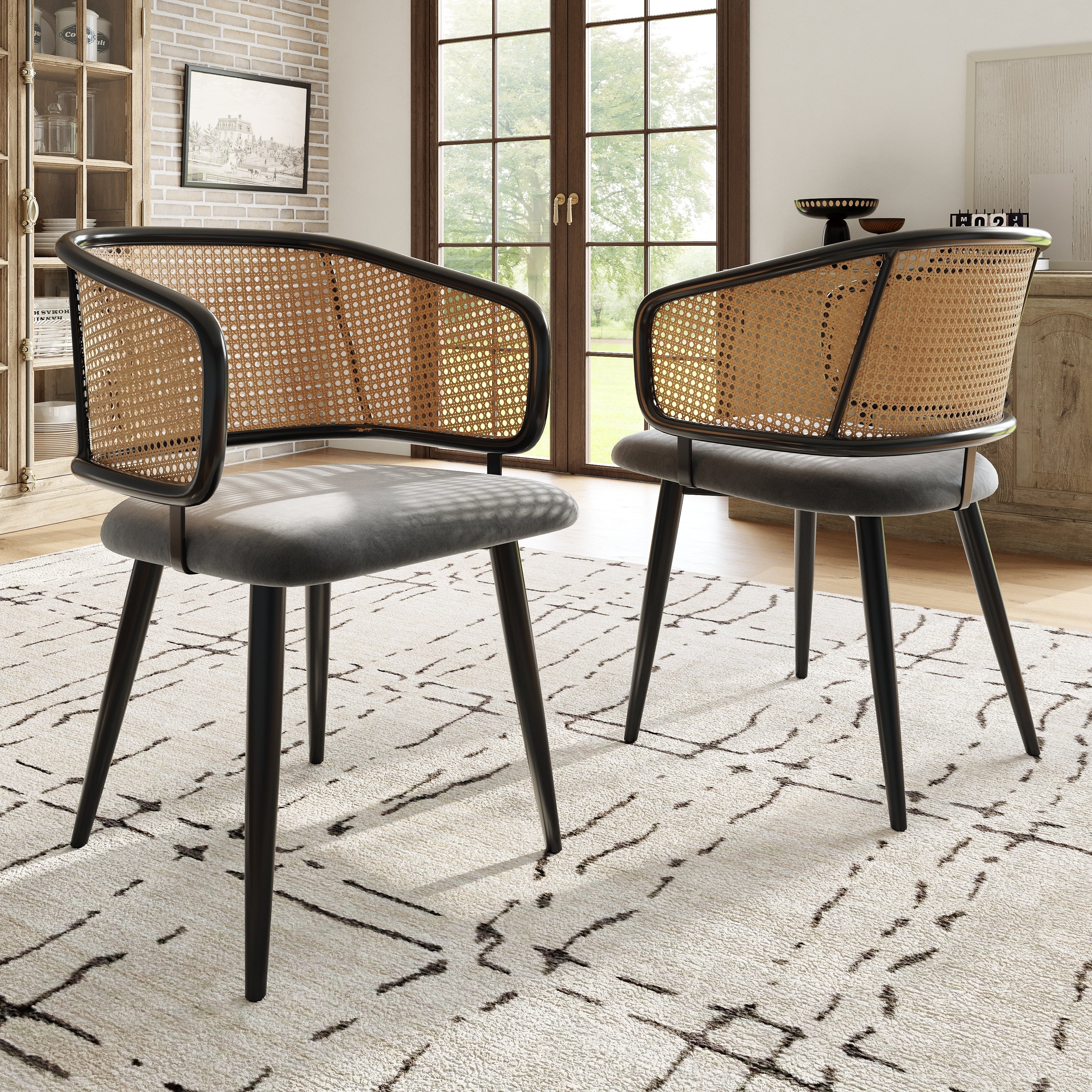2 Dining Chairs Rattan Back Velvet Seat - Modern Style
