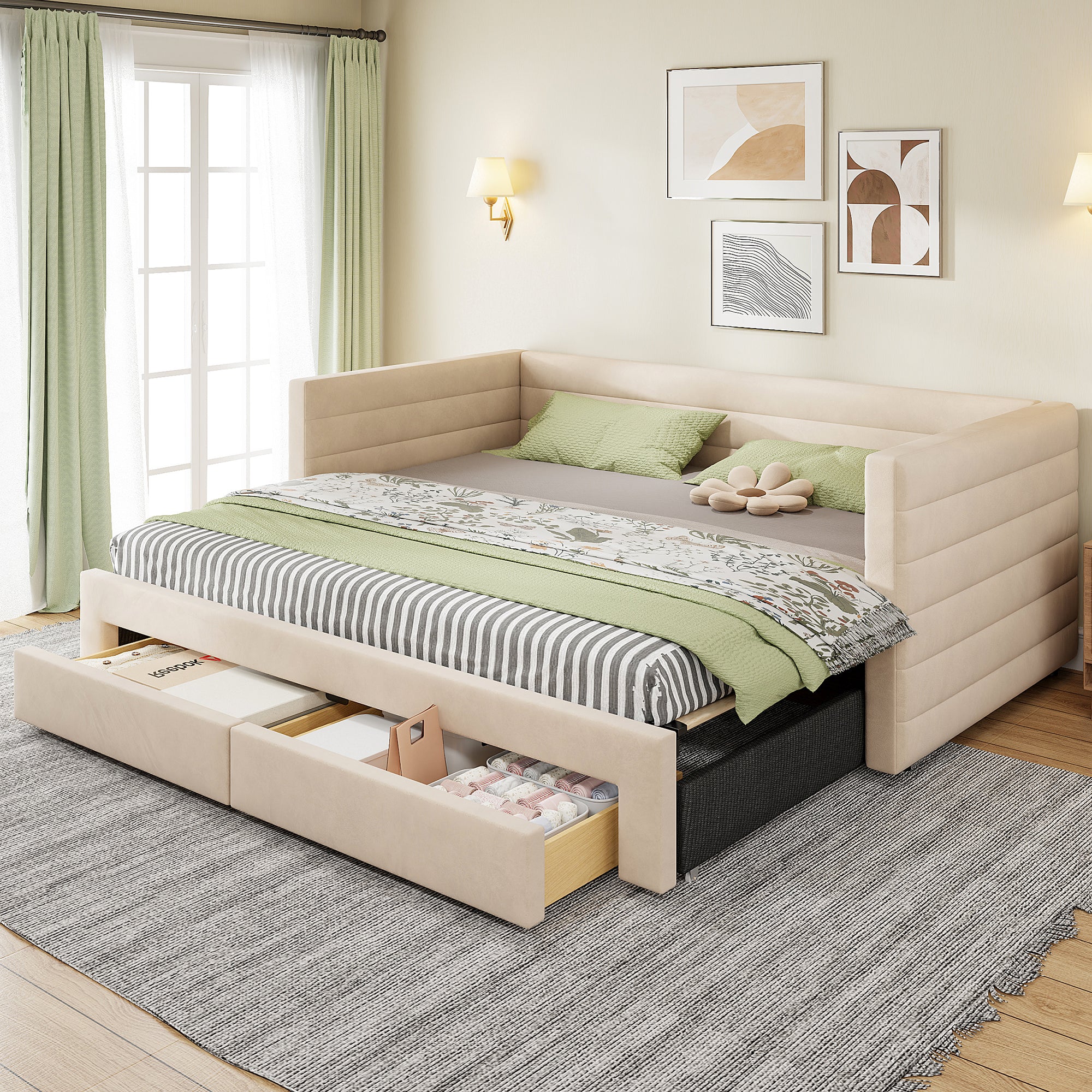 3-in-1 Upholstered Sofa Bed with Drawers and Slatted Base, Cotton and Linen, Beige