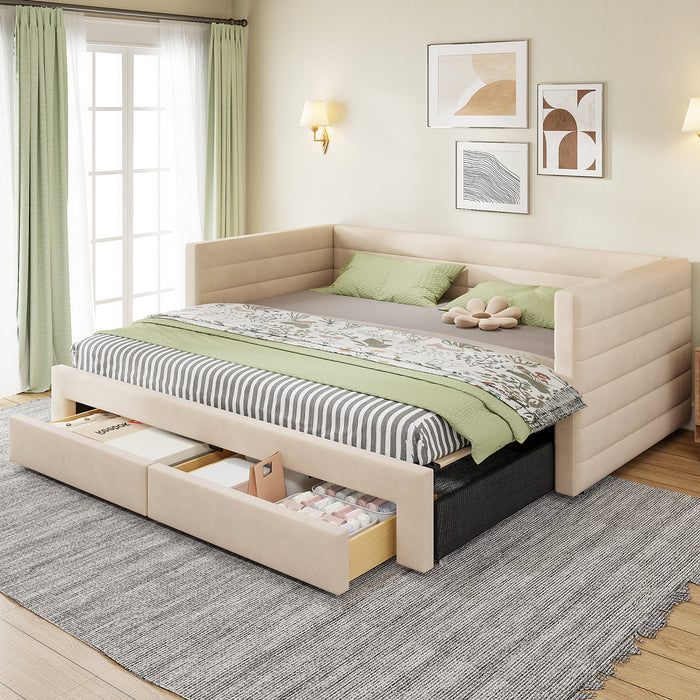 3-in-1 Upholstered Sofa Bed with Drawers and Slatted Base, Cotton and Linen, Beige