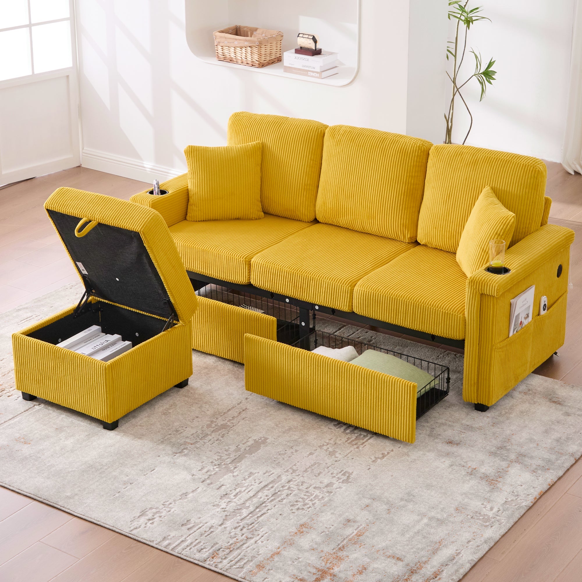 Velvet Sofa, LED Lighting, USB-C Port, Storage Footrest, Cup Holders, Side Pockets, Mustard Yellow