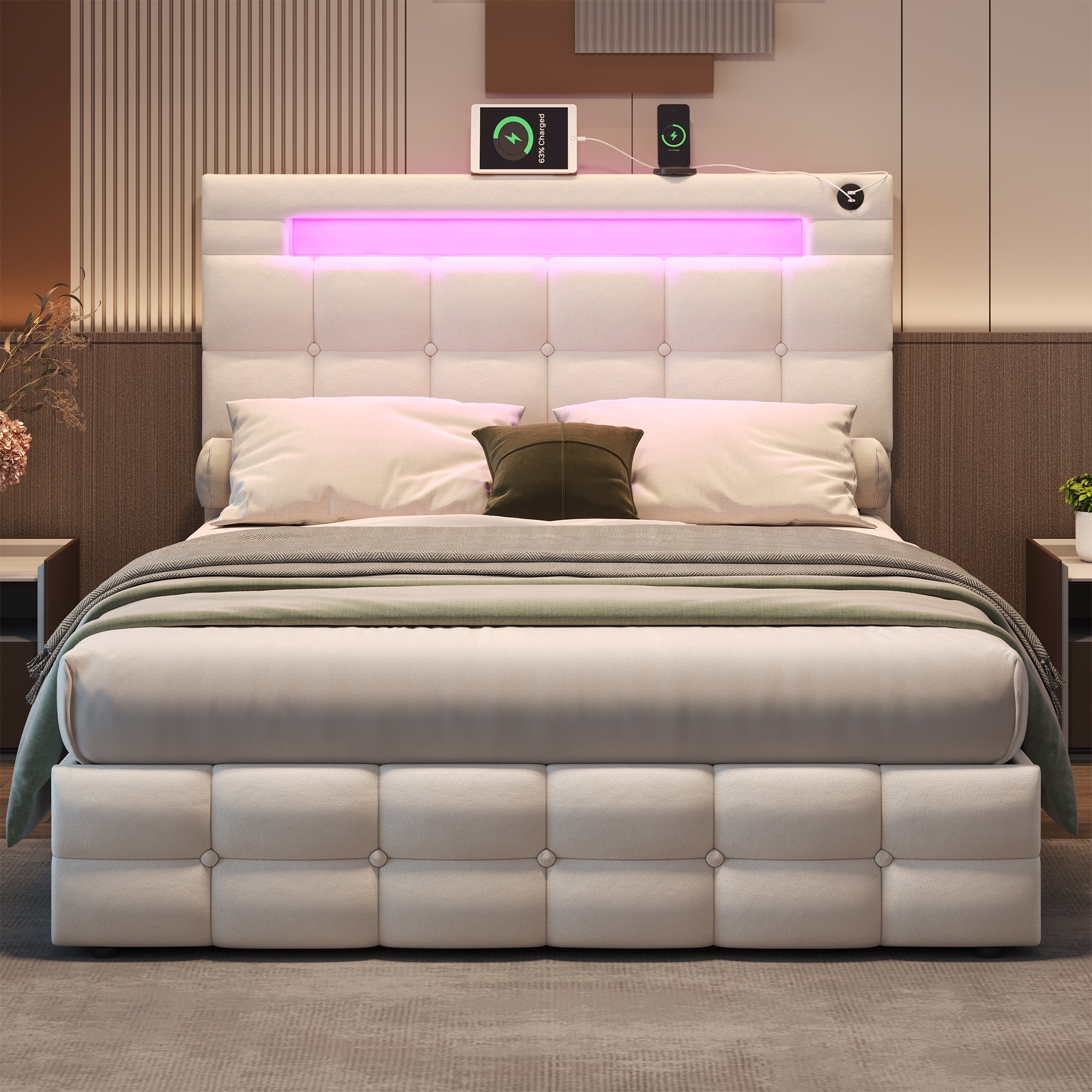 4ft6 Double Upholstered Bed Frame with Hydraulic Storage, LED Lighting, Charging Station, and Adjustable Button Tufted Headboard, Beige Velvet (No Mattress)
