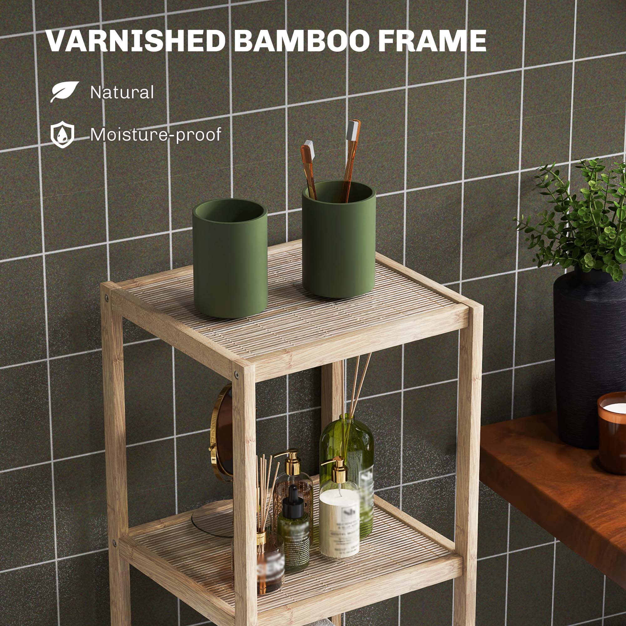 Four-Tier Shelf Bathroom Storage Unit Bamboo Natural Finish