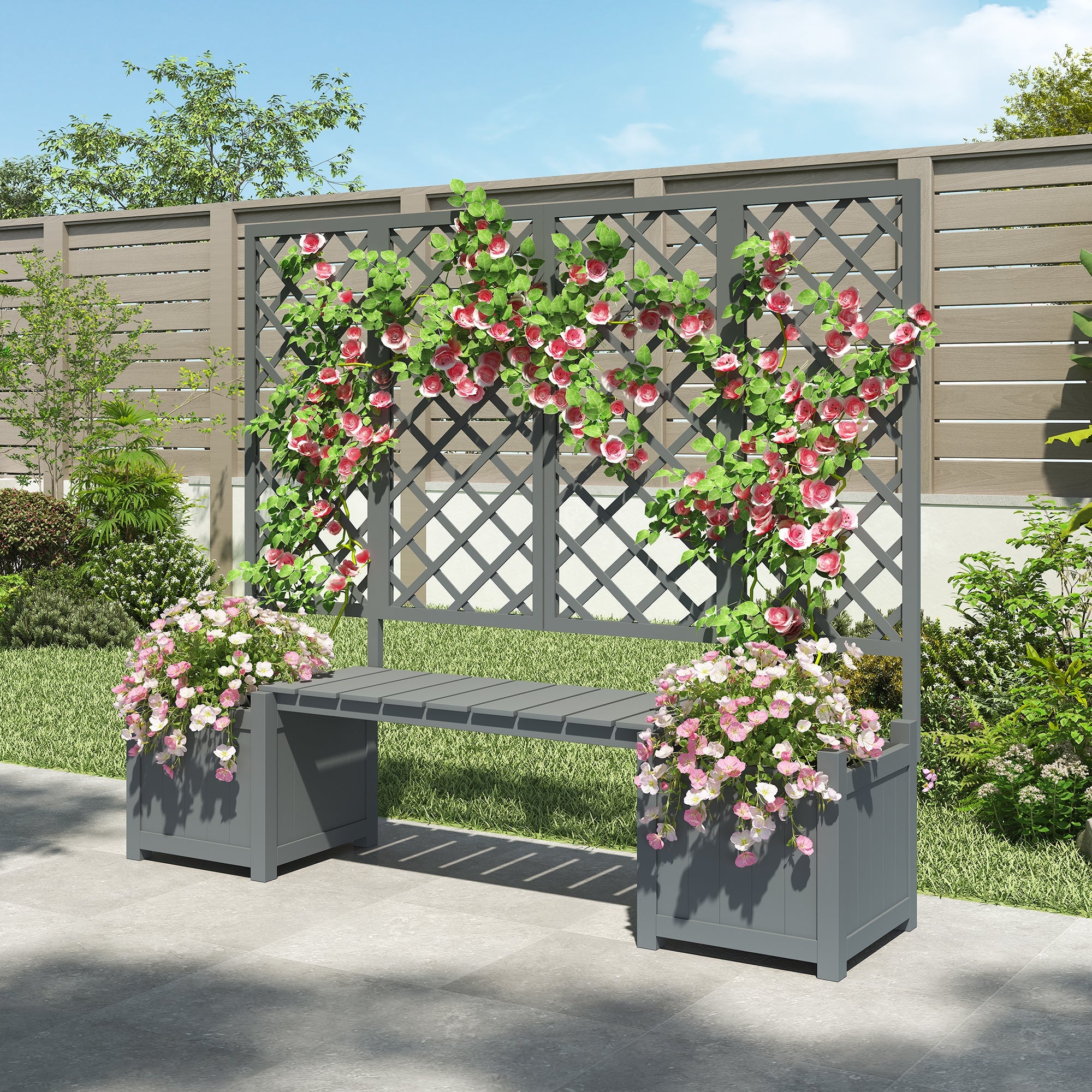 Planter Box with Trellis and Seating - Solid Grey Fir