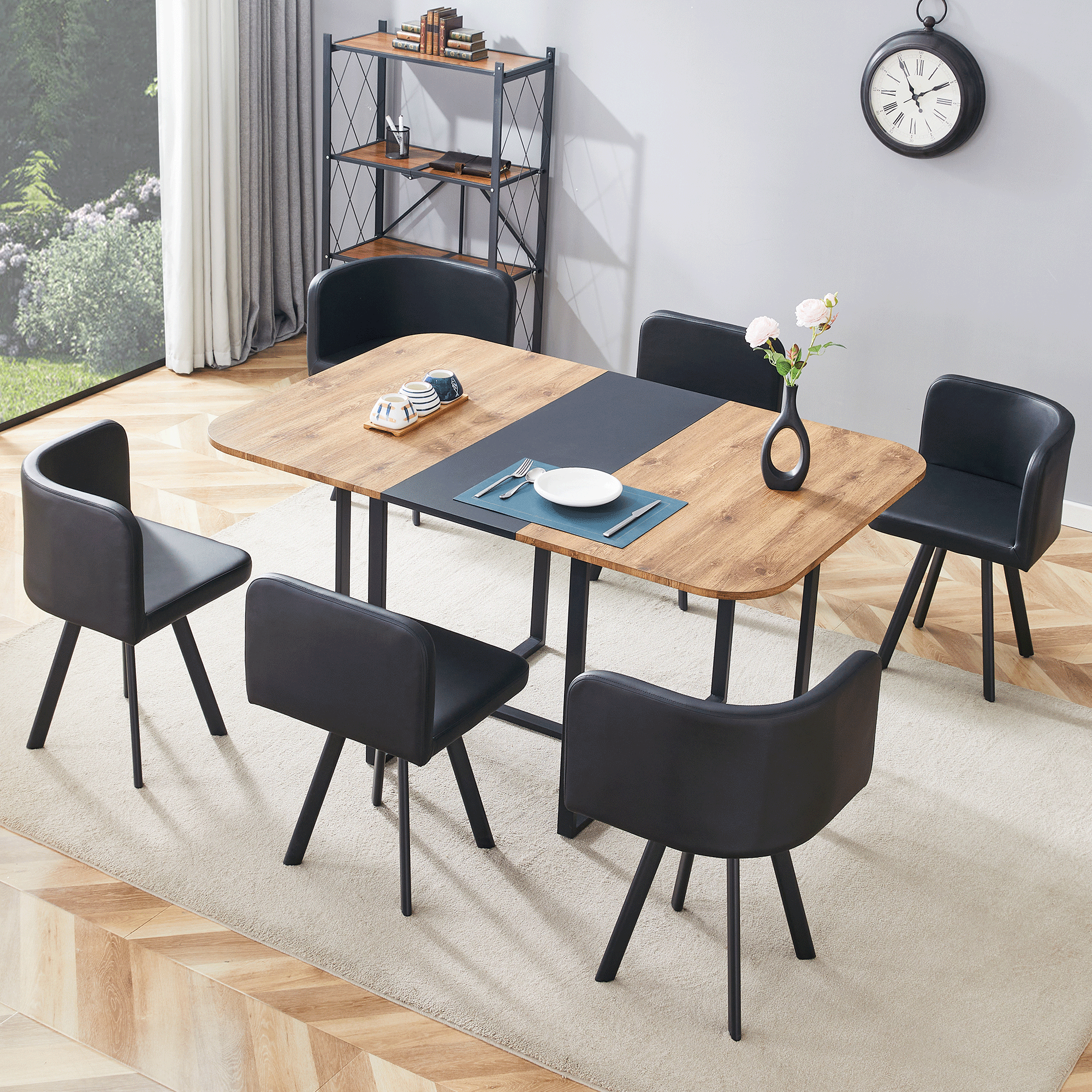 Dining Table Set Extendable Stowable Chairs 4-6 Person Wood Grain Black Metal