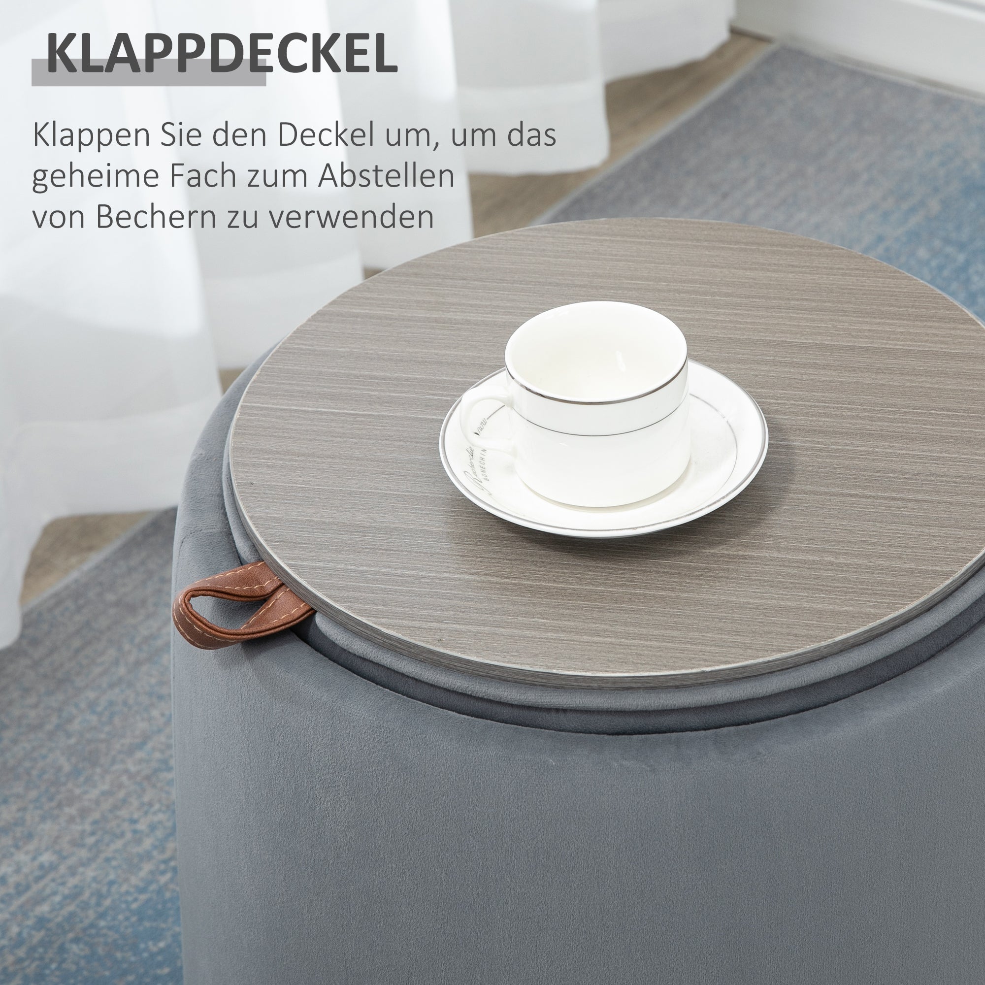 2-in-1 Ottomane mit Stauraum, abnehmbarer Deckel, Ø44cm x 47.5cm, Grau Samt