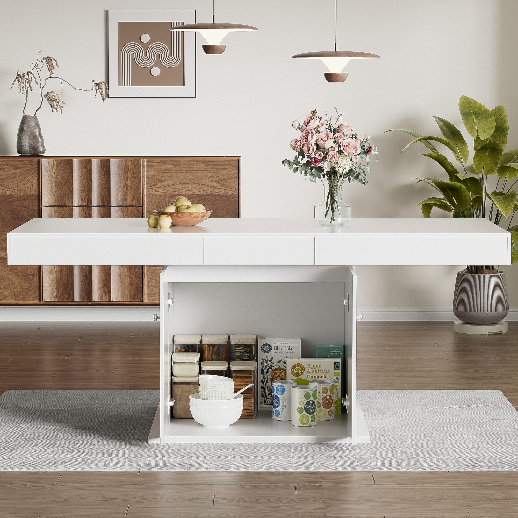 Extendable Dining Table with Storage and Automatic Telescopic Function, White