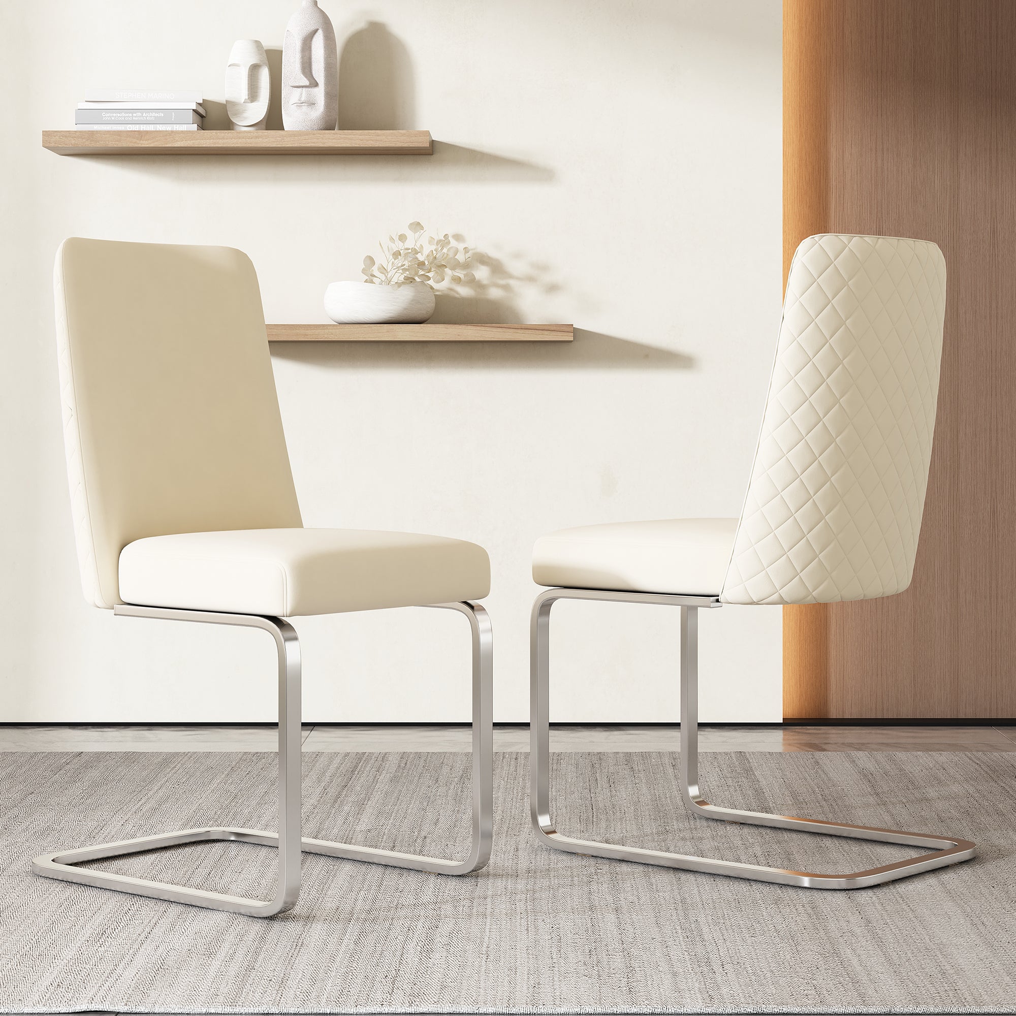 Velvet Dining Chair Set of 4, Diamond Back Silver Metal Legs, Beige