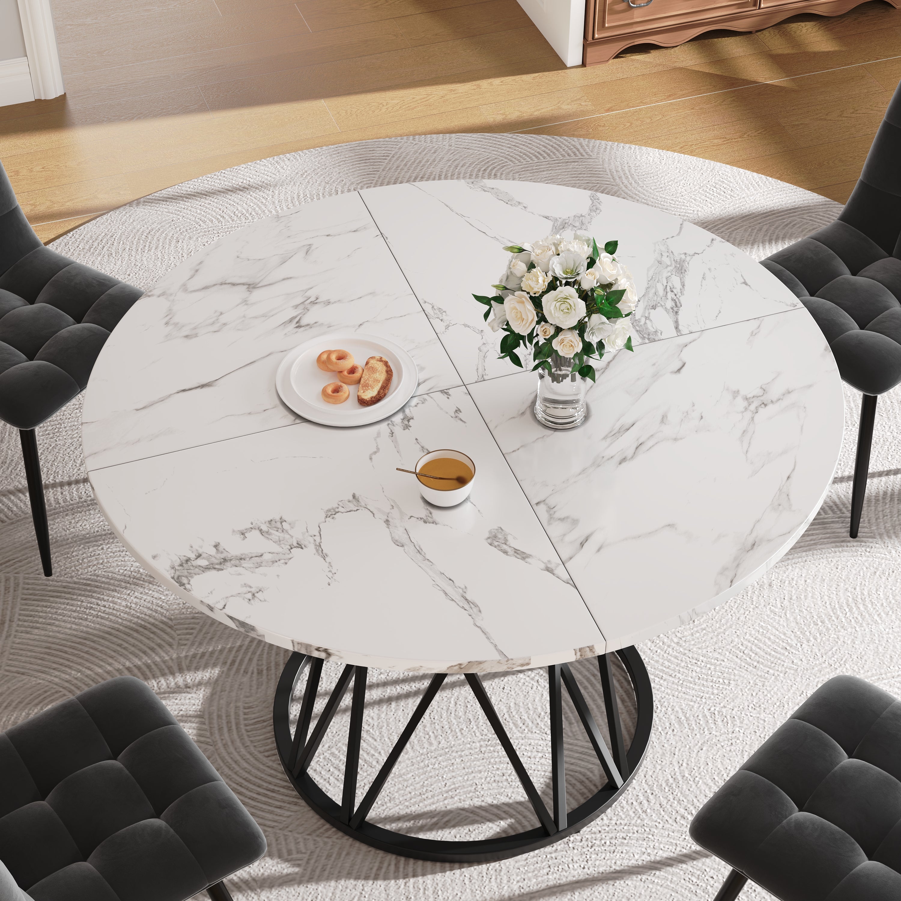 Round Dining Table, 100x100x76cm kitchen coffee for 4, metal legs MDF marble top, black
