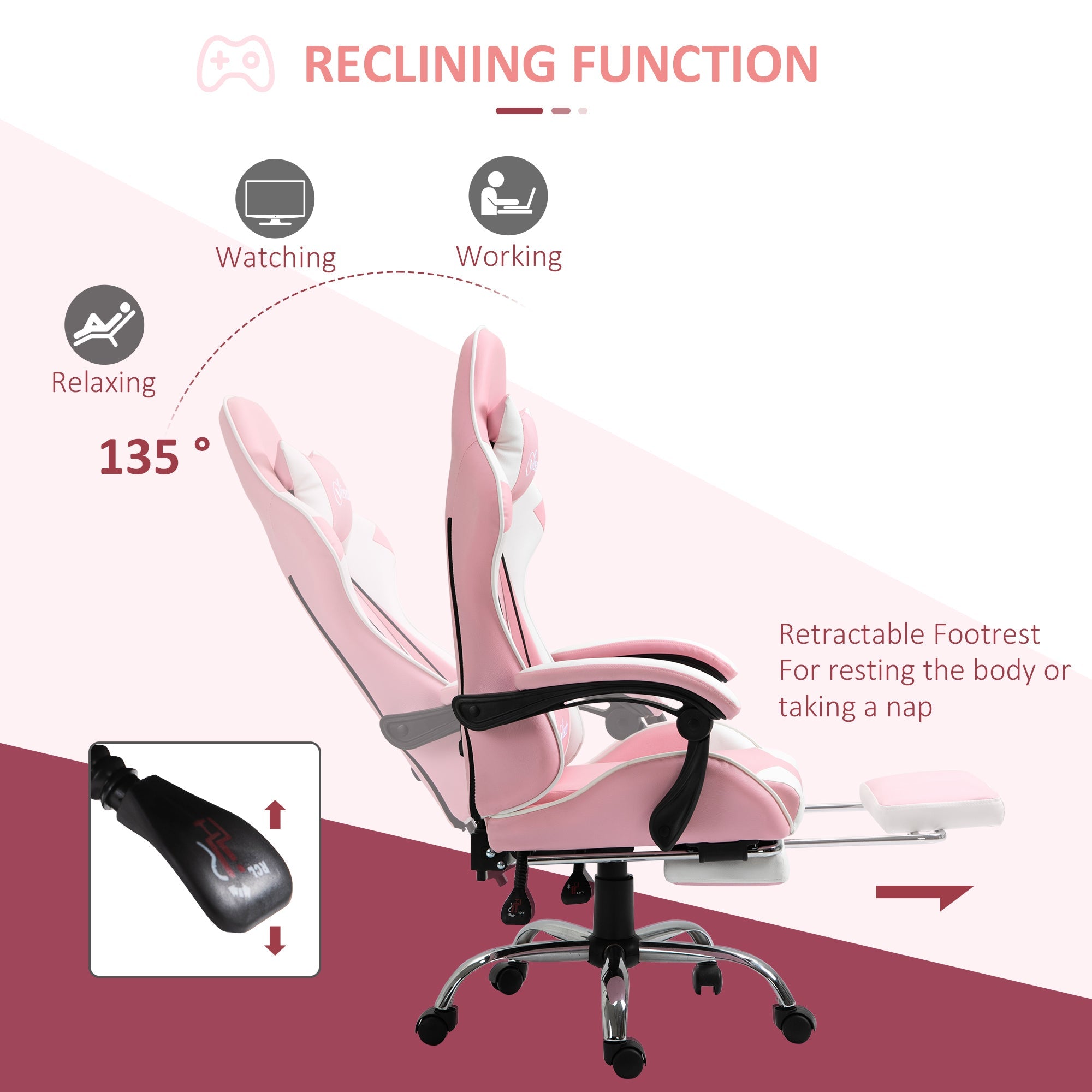 Vinsetto Gaming Computer Chair Ergonomic Office with Headrest Lumbar Cushion Pink+White