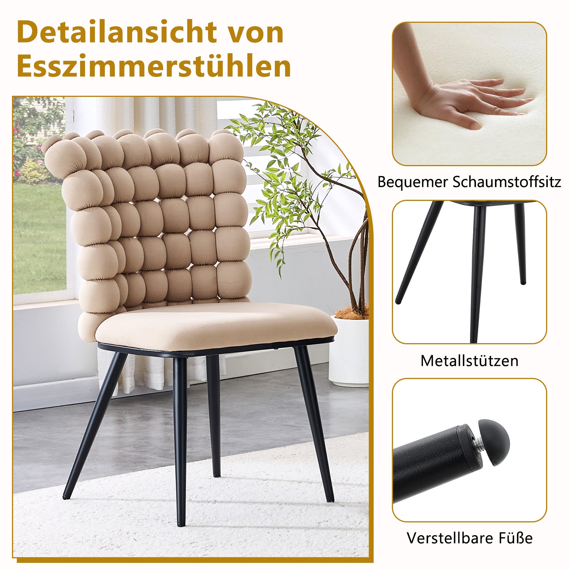 Dining Chairs (Set of 2) Velvet Beaded Chain Black Metal Legs - Camel