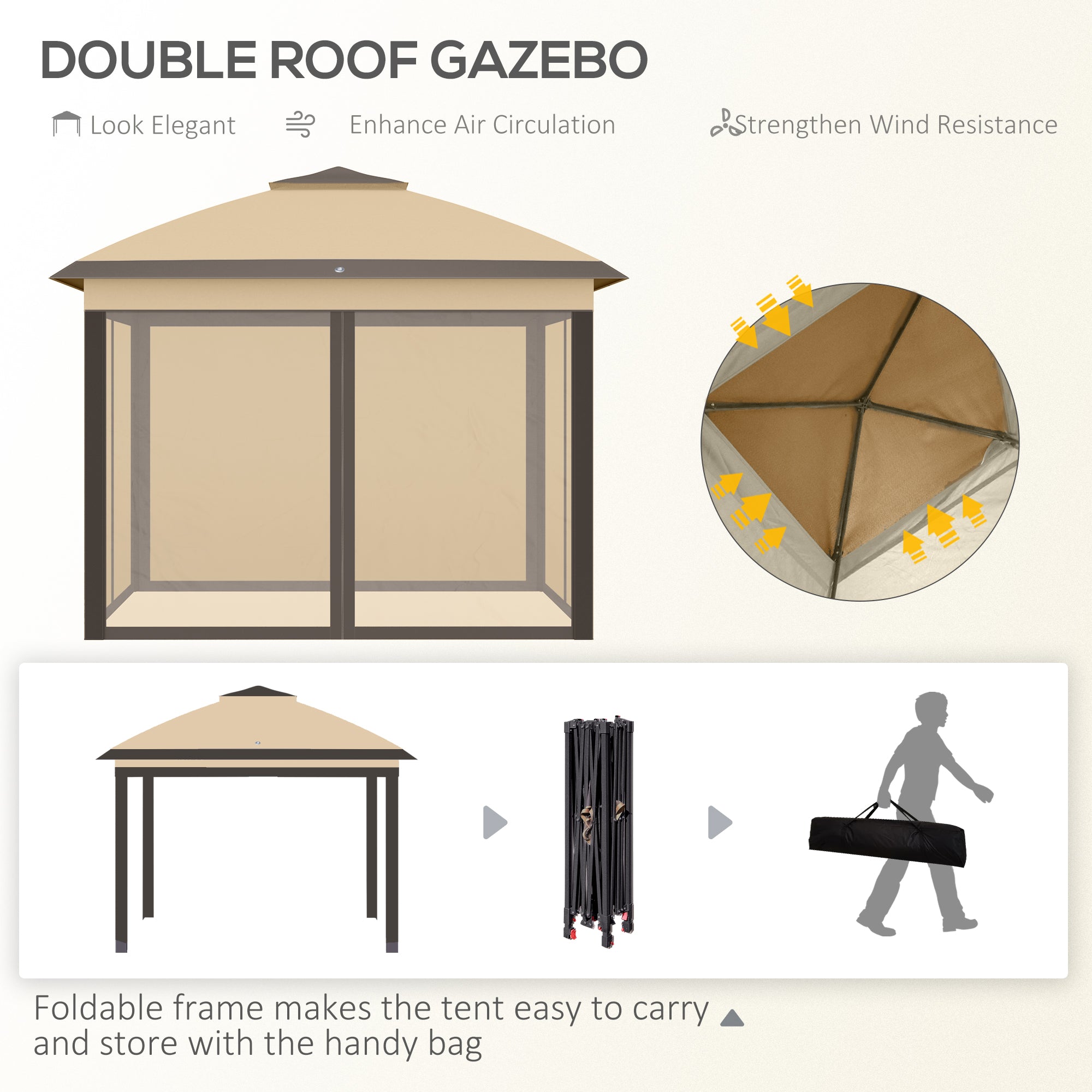 Pop Up Gazebo, 3.3 x 3.3m Double Roof Foldable with Zipped Mesh Sidewalls, Height Adjustable, Beige