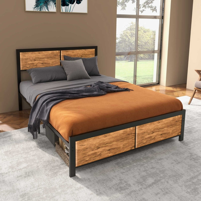 Industrial Double Bed Frame, 5FT Steel Base with Storage, Rustic Brown